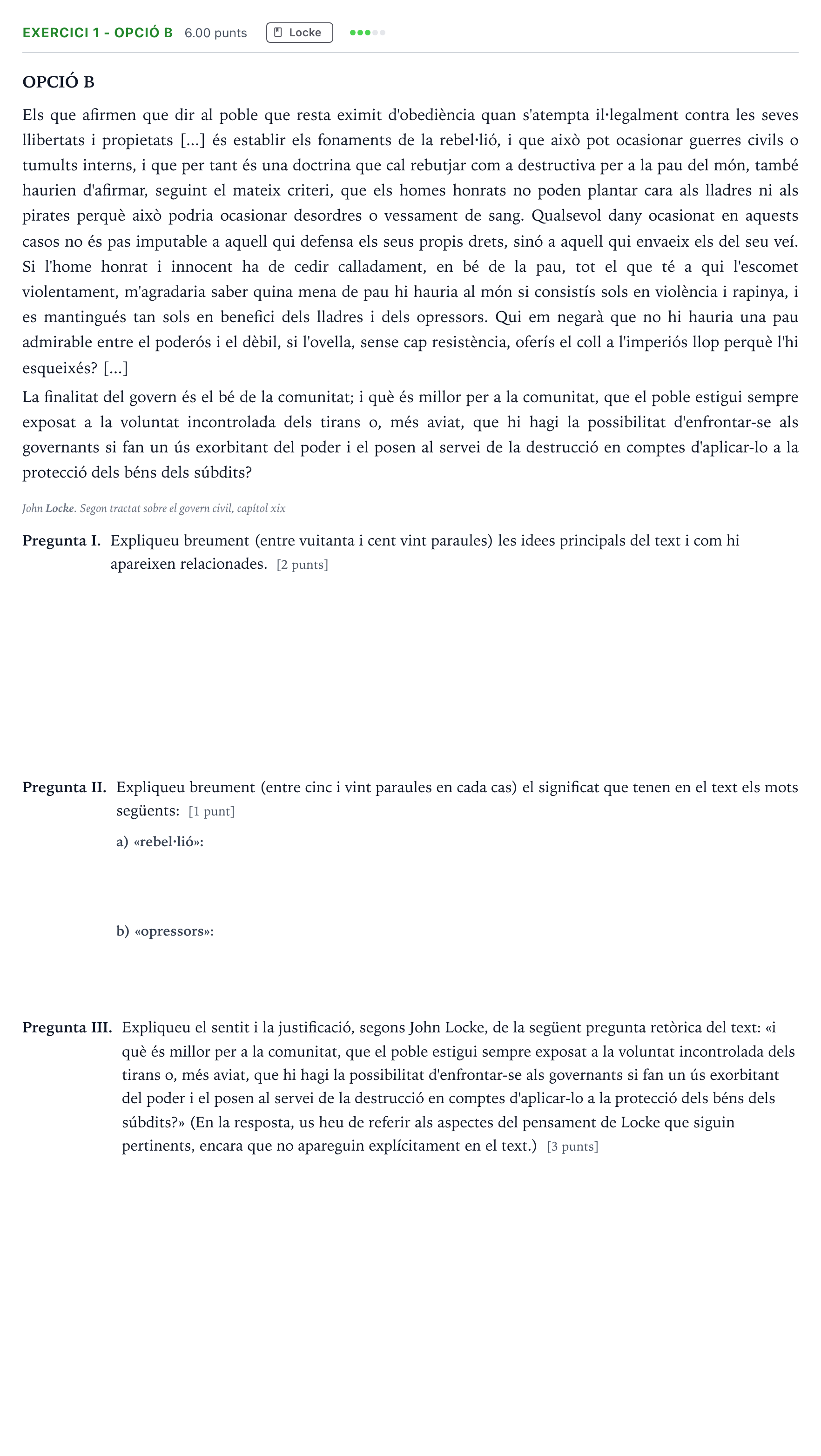 Enunciado: Exercici 1 - Opció B · Historia de la Filosofía Selectividad Cataluña Setembre Serie 2 2023