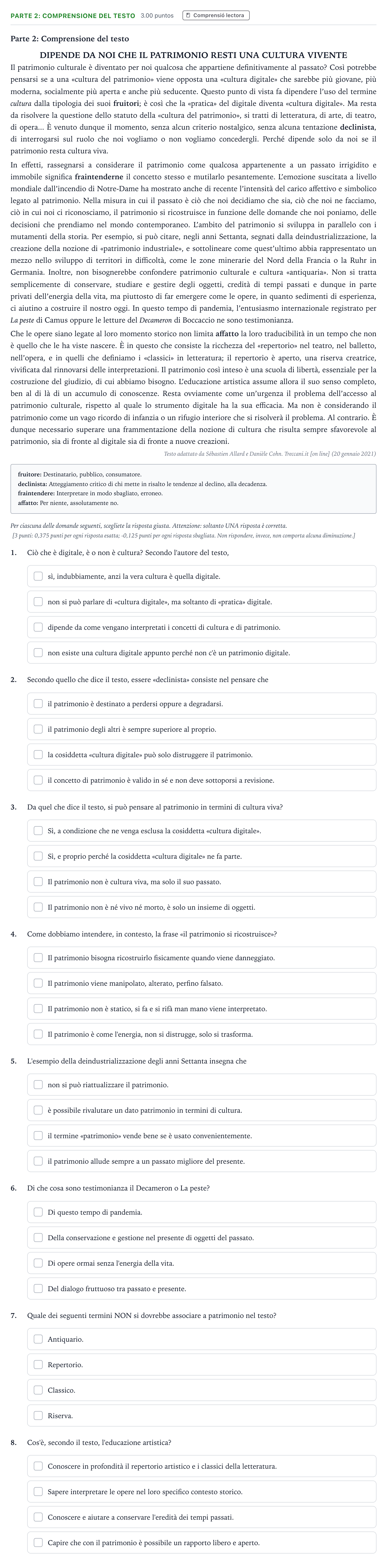 Enunciado: Ejercicio Parte 2: Comprensione del testo · Italiano Selectividad Cataluña Juny Serie 5 2023