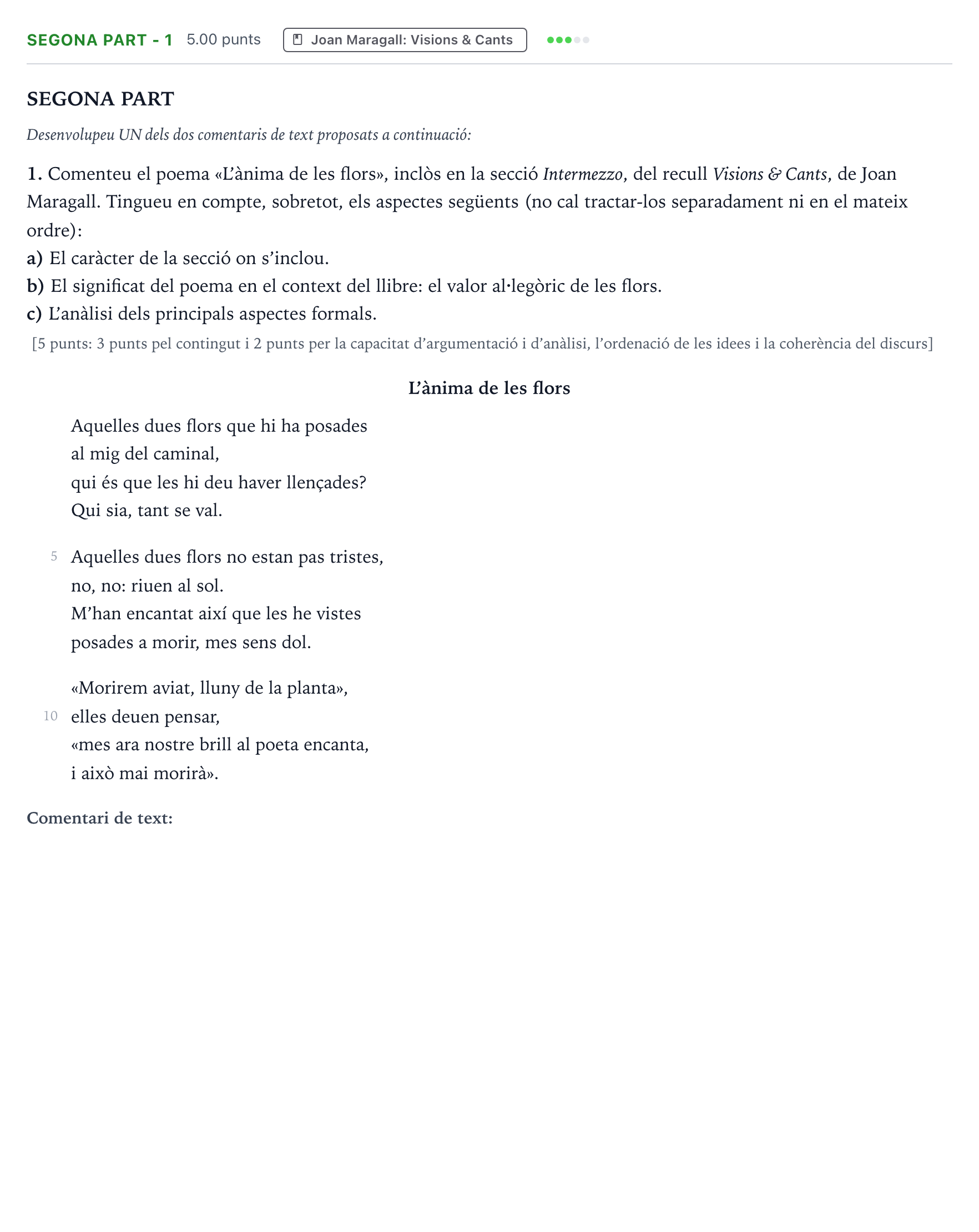 Enunciado: Ejercicio Segona part - 1 · Literatura Catalana Selectividad Cataluña Juny Serie 1 2023