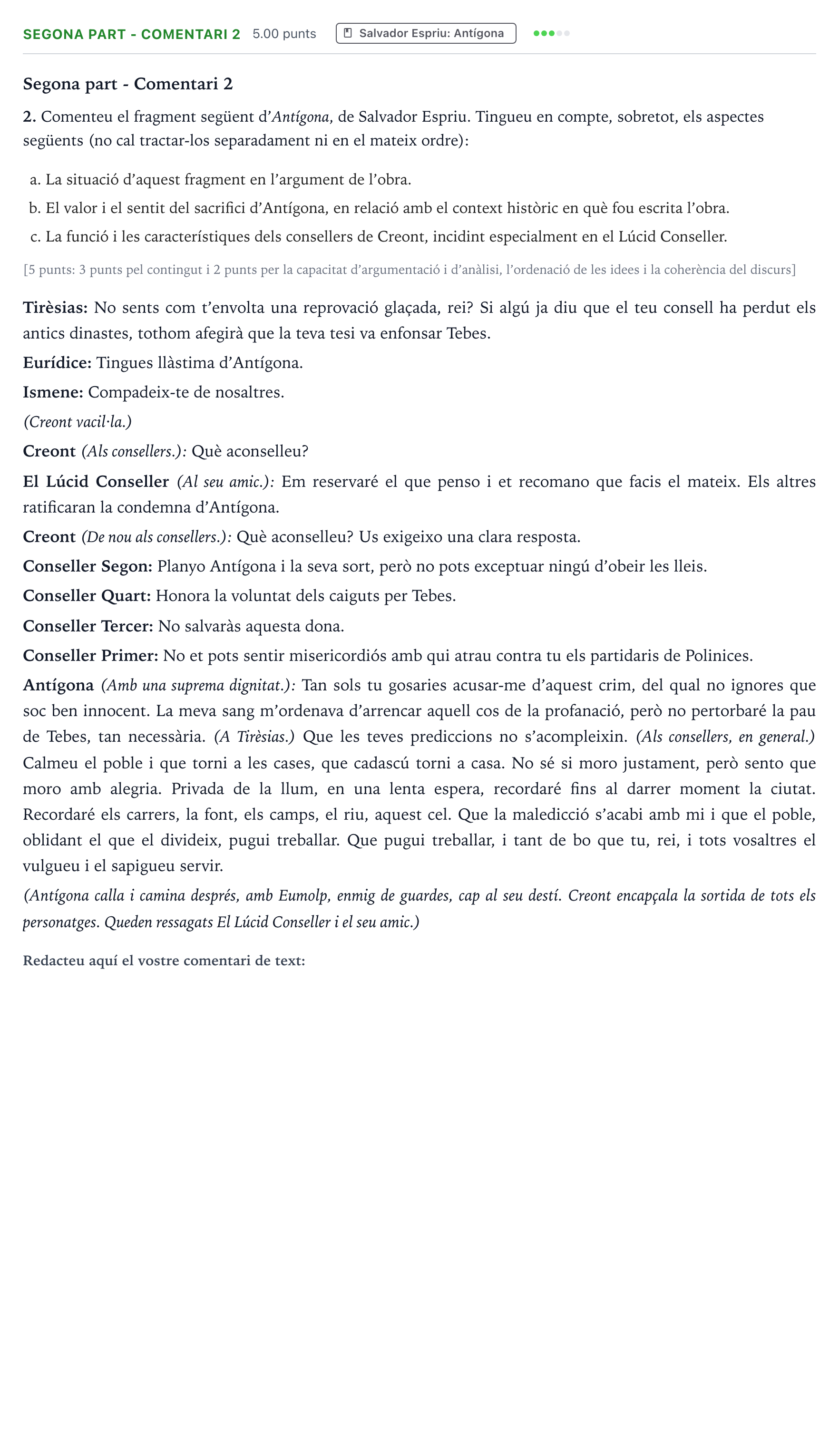 Enunciado: Ejercicio Segona part - Comentari 2 · Literatura Catalana Selectividad Cataluña Juny Serie 5 2023