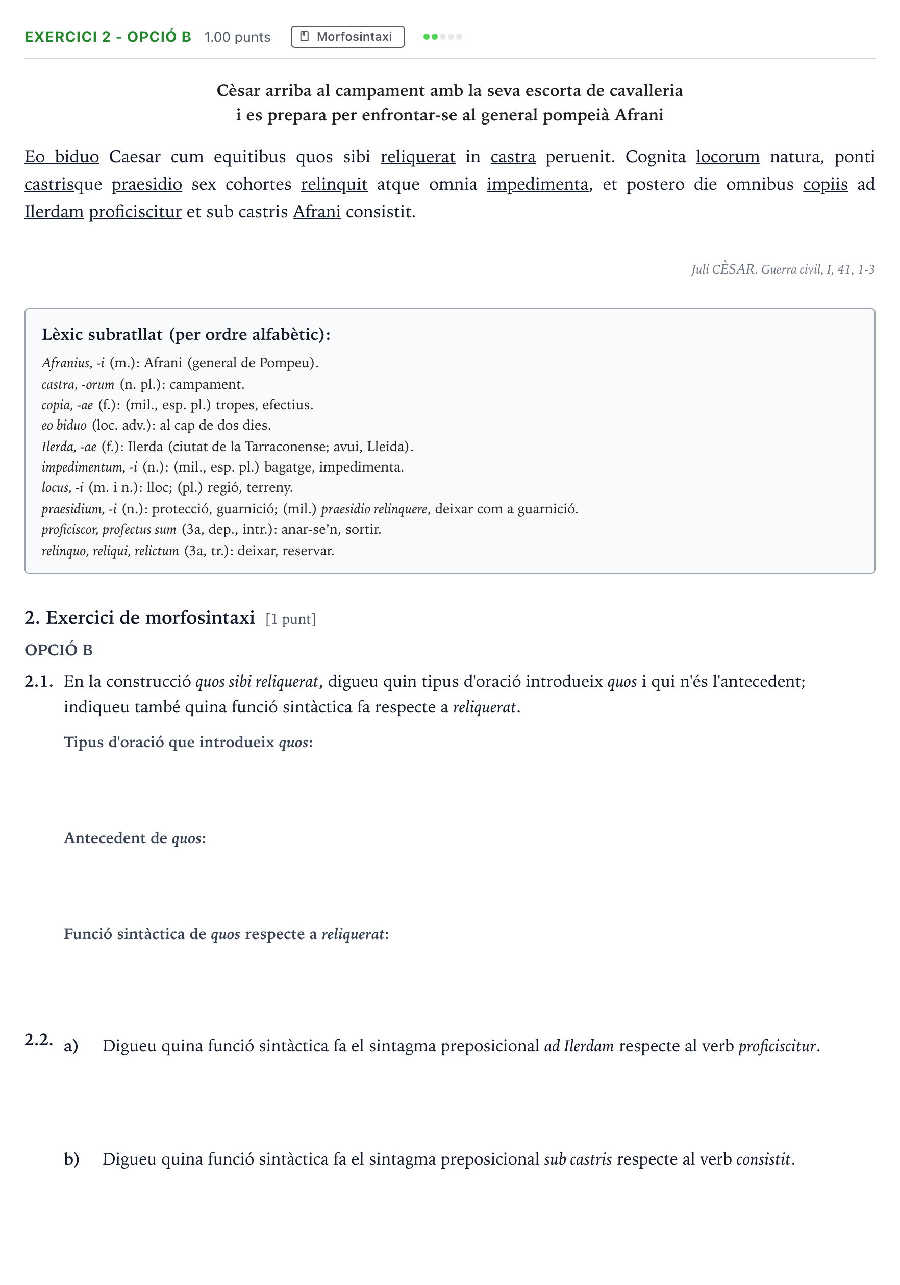Enunciado: Ejercicio 2 - Opció B · Latín II Selectividad Cataluña Juny Serie 1 2023