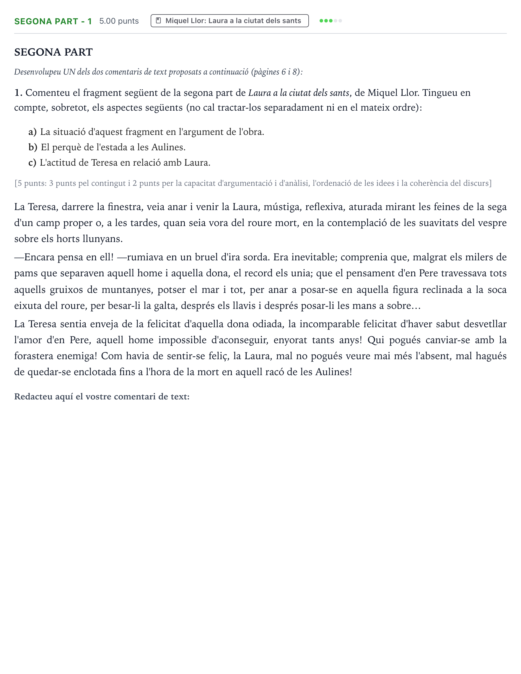 Enunciado: Ejercicio Segona part - 1 · Literatura Catalana Selectividad Cataluña Setembre Serie 2 2023
