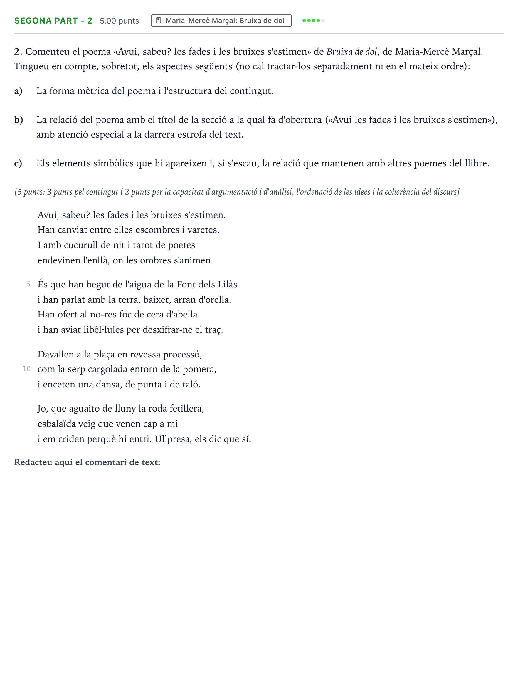 Enunciado: Ejercicio Segona part - 2 · Literatura Catalana Selectividad Cataluña Setembre Serie 2 2023