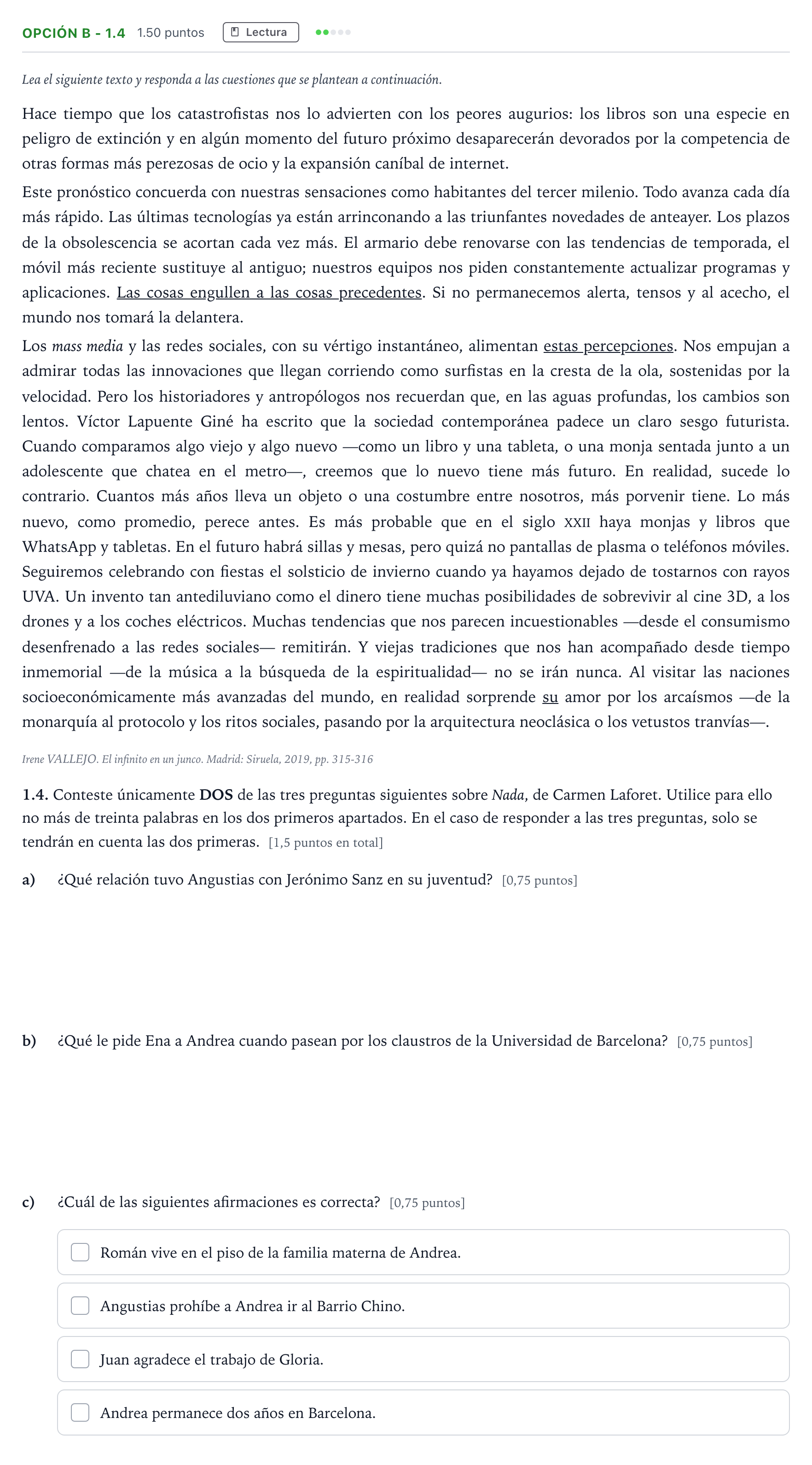 Enunciado: Opción B - 1.4 · Lengua Castellana y Literatura II Selectividad Cataluña Juny Serie 1 2023