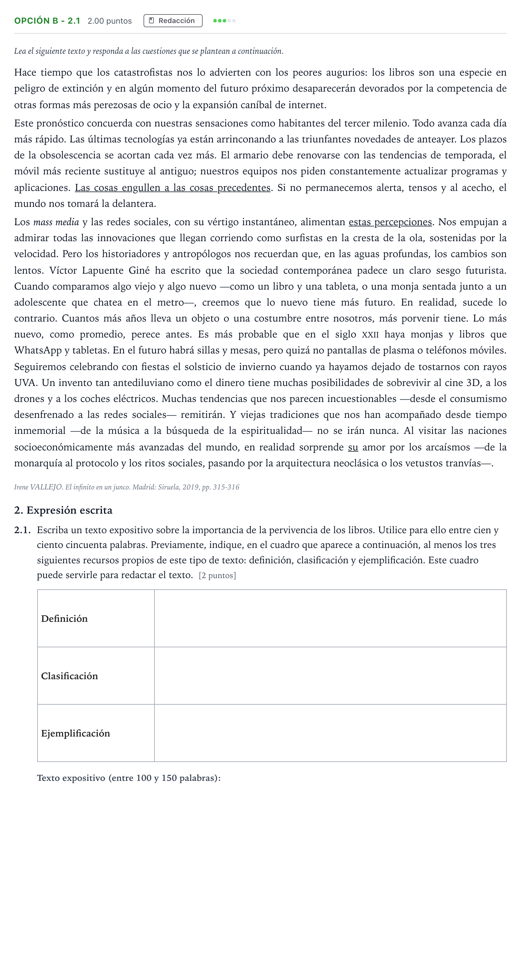 Enunciado: Opción B - 2.1 · Lengua Castellana y Literatura II Selectividad Cataluña Juny Serie 1 2023