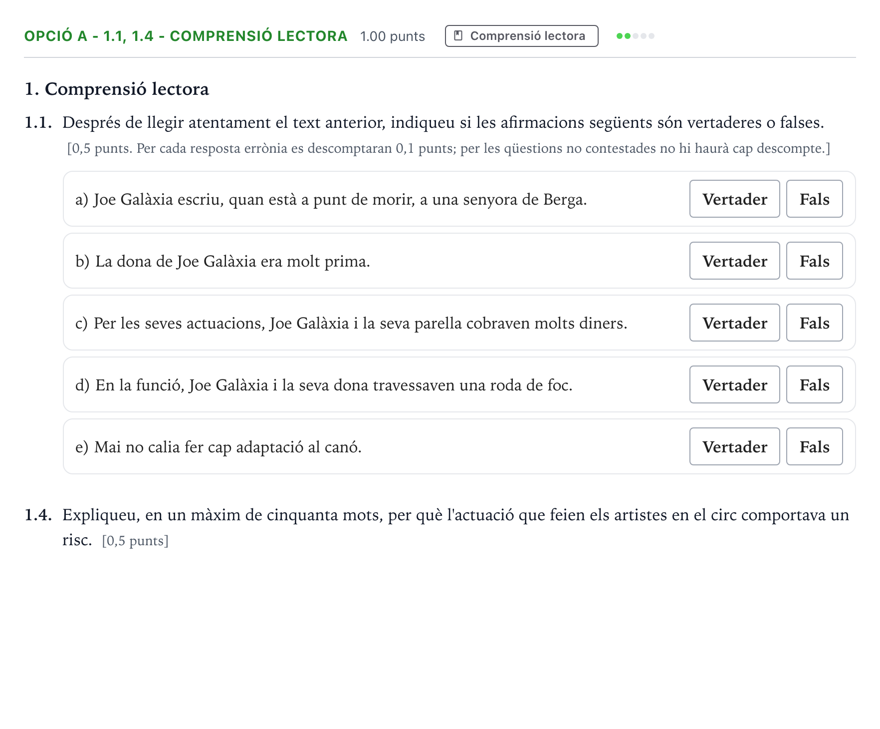 Enunciado: Ejercicio Opció A - 1.1, 1.4 - Comprensió lectora · Lengua Catalana y Literatura II Selectividad Cataluña Juny Serie 1 2023