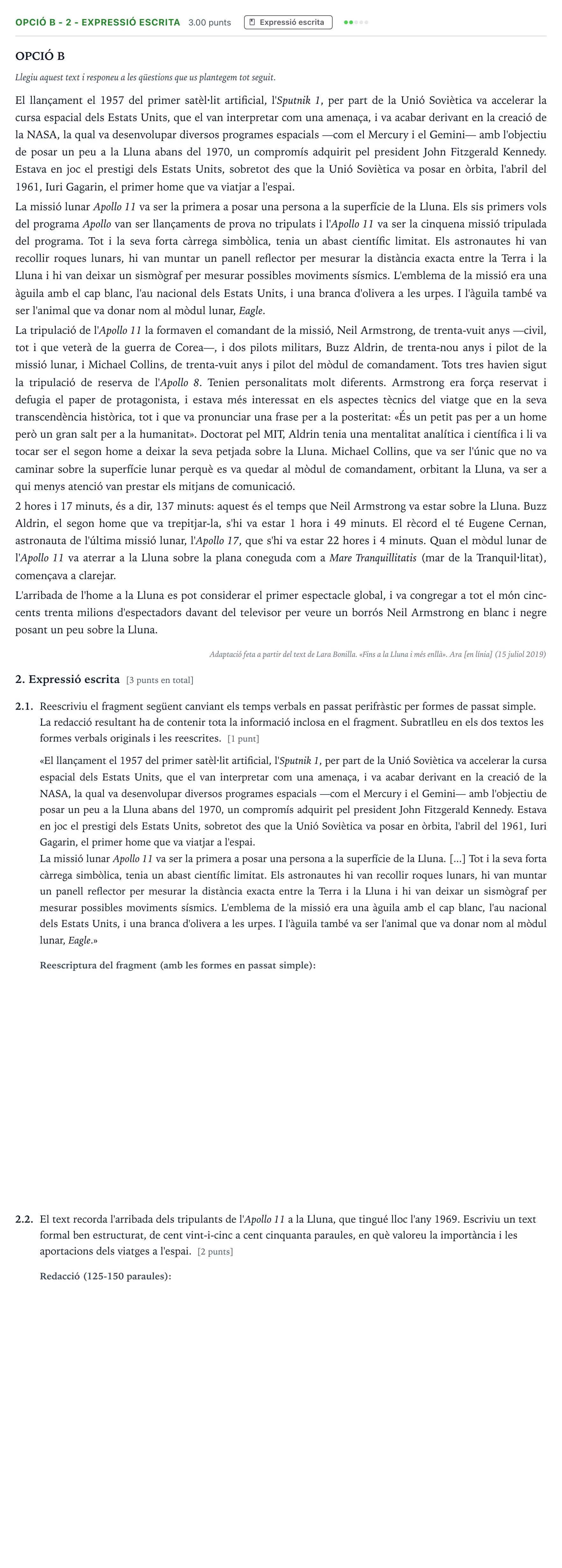 Enunciado: Ejercicio Opció B - 2 - Expressió escrita · Lengua Catalana y Literatura II Selectividad Cataluña Juny Serie 1 2023