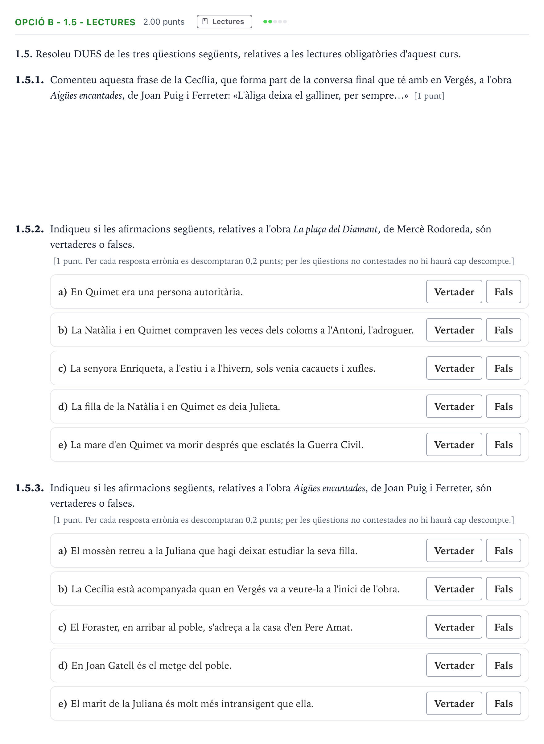Enunciado: Ejercicio Opció B - 1.5 - Lectures · Lengua Catalana y Literatura II Selectividad Cataluña Juny Serie 1 2023