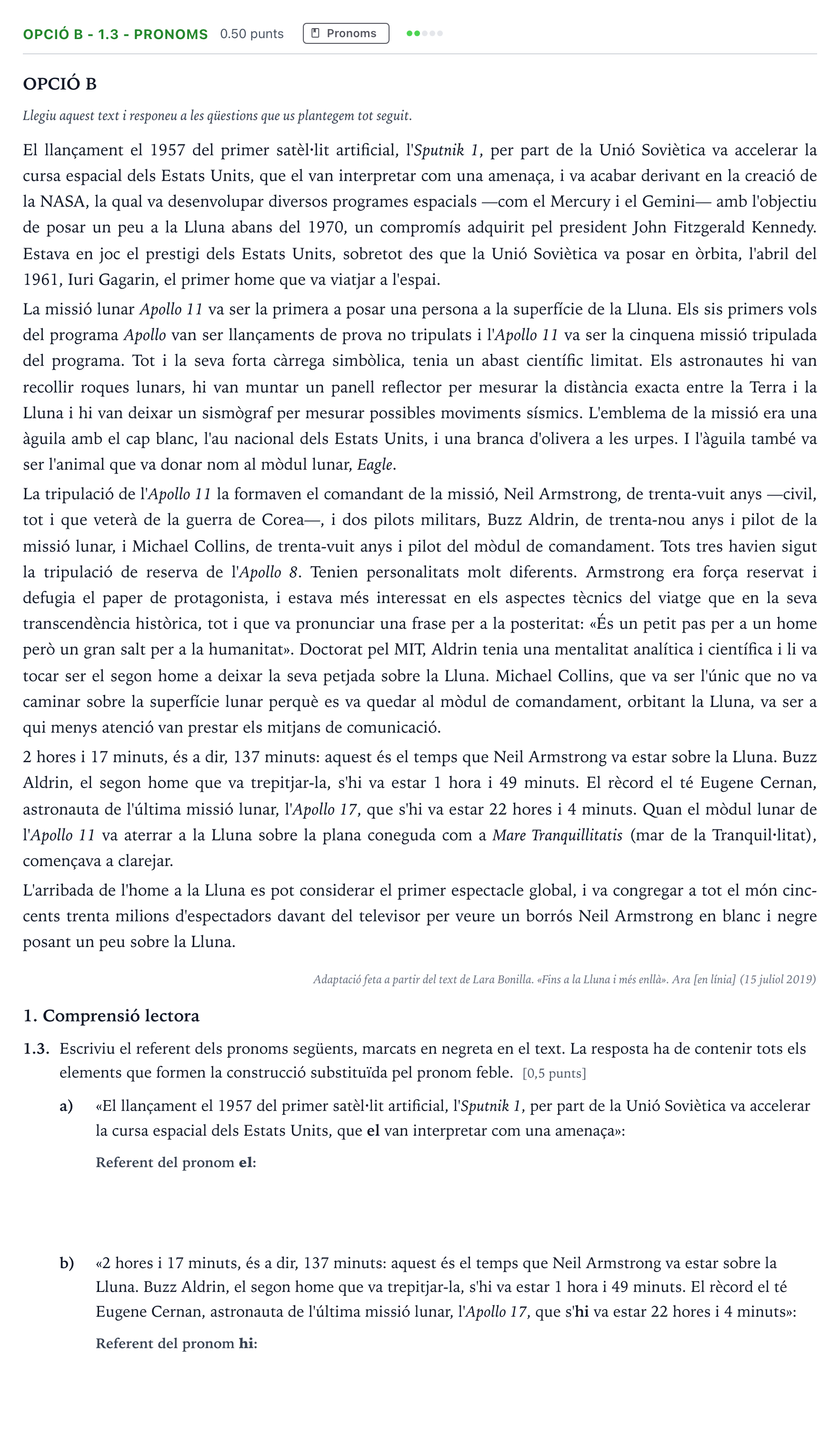 Enunciado: Ejercicio Opció B - 1.3 - Pronoms · Lengua Catalana y Literatura II Selectividad Cataluña Juny Serie 1 2023