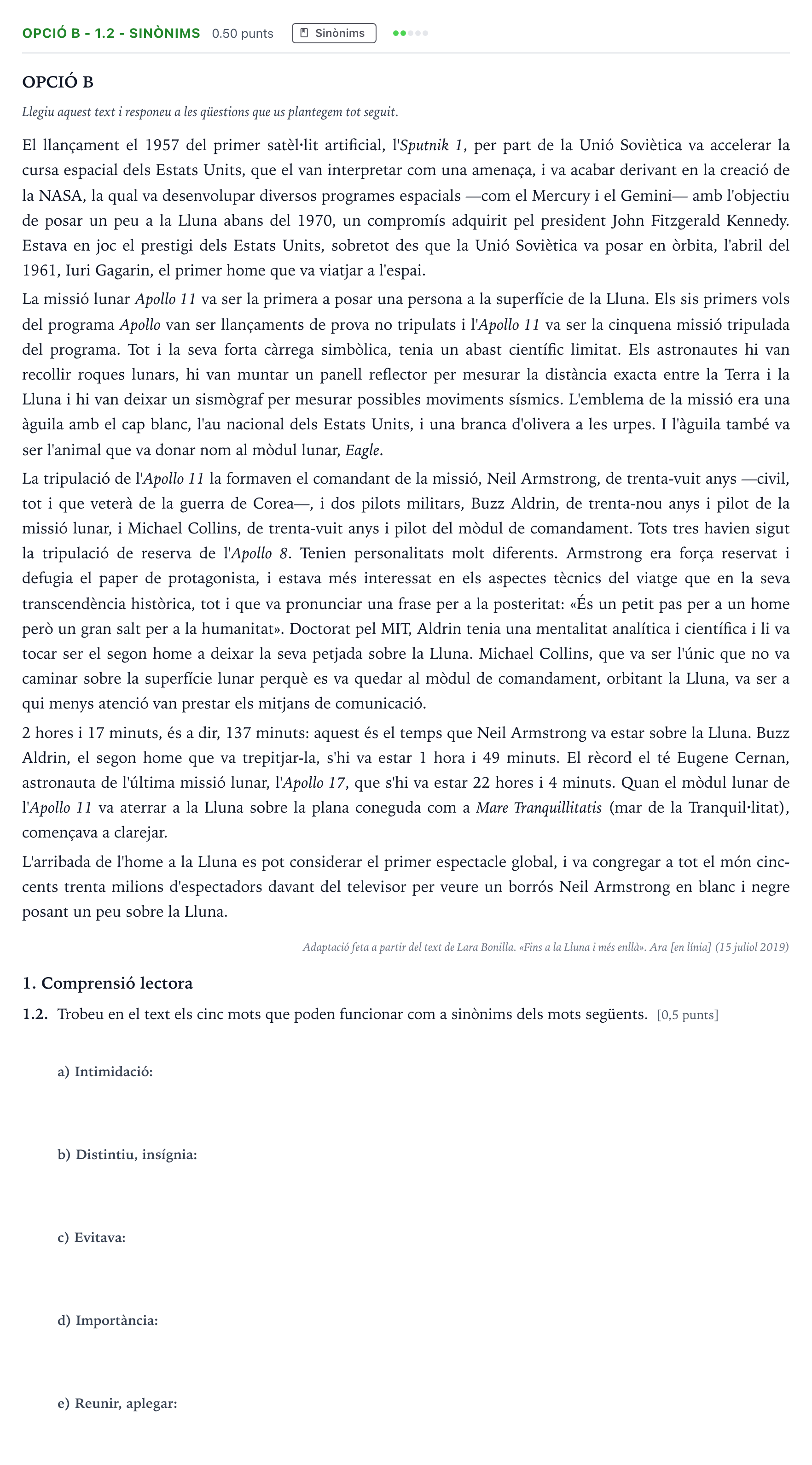 Enunciado: Ejercicio Opció B - 1.2 - Sinònims · Lengua Catalana y Literatura II Selectividad Cataluña Juny Serie 1 2023