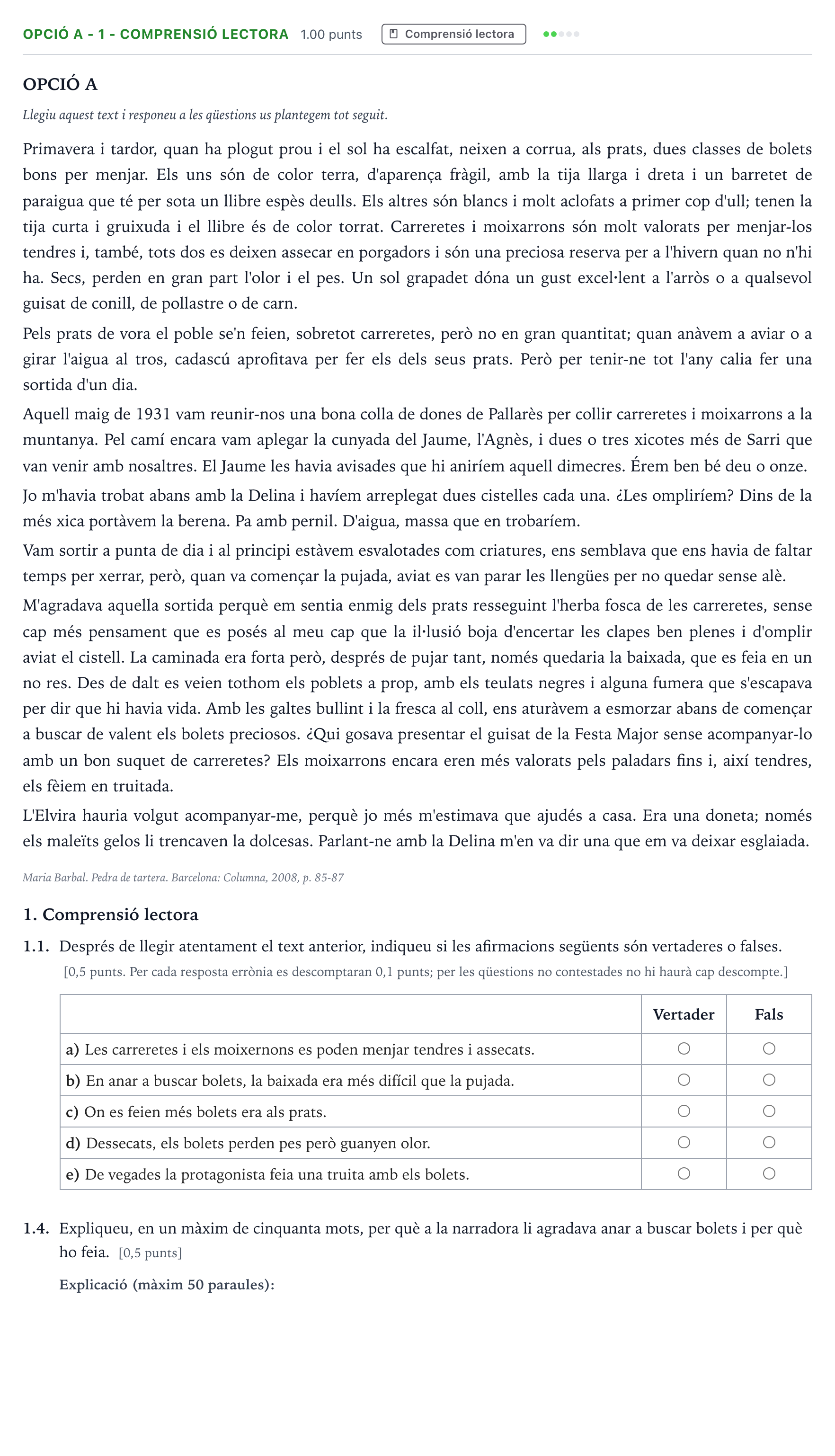 Enunciado: Ejercicio Opció A - 1 - Comprensió lectora · Lengua Catalana y Literatura II Selectividad Cataluña Juny Serie 5 2023