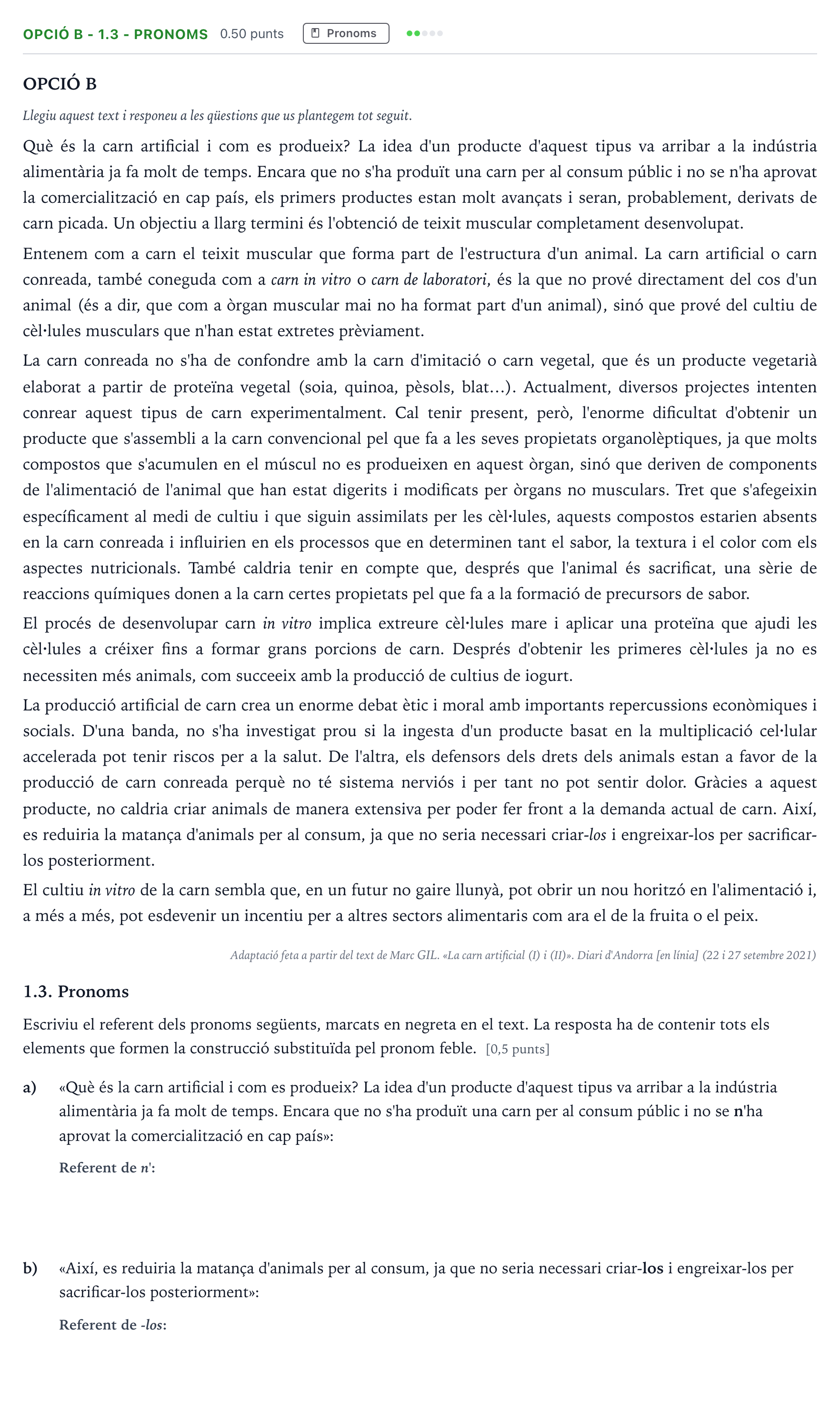 Enunciado: Ejercicio Opció B - 1.3 - Pronoms · Lengua Catalana y Literatura II Selectividad Cataluña Juny Serie 5 2023