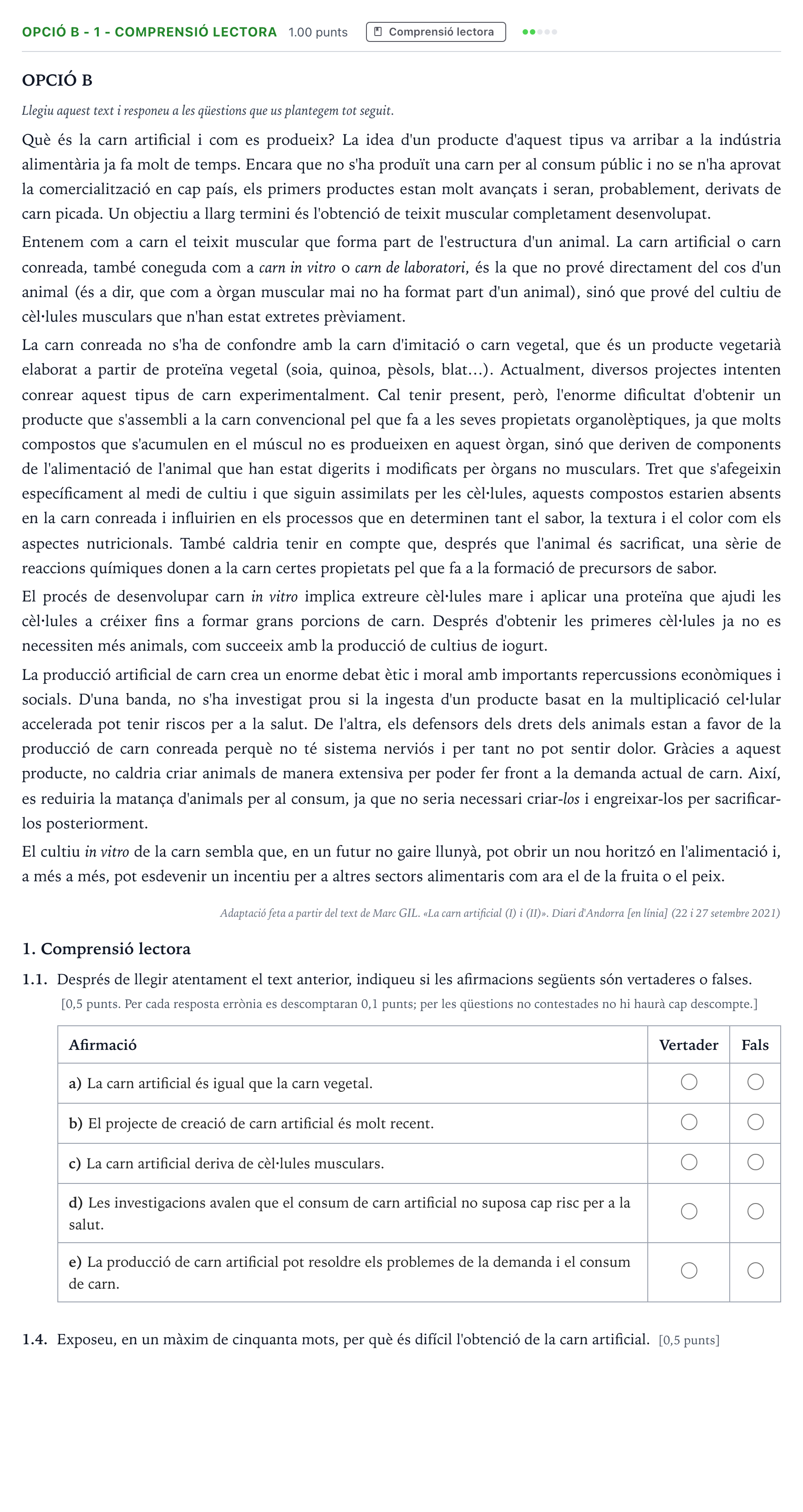 Enunciado: Ejercicio Opció B - 1 - Comprensió lectora · Lengua Catalana y Literatura II Selectividad Cataluña Juny Serie 5 2023