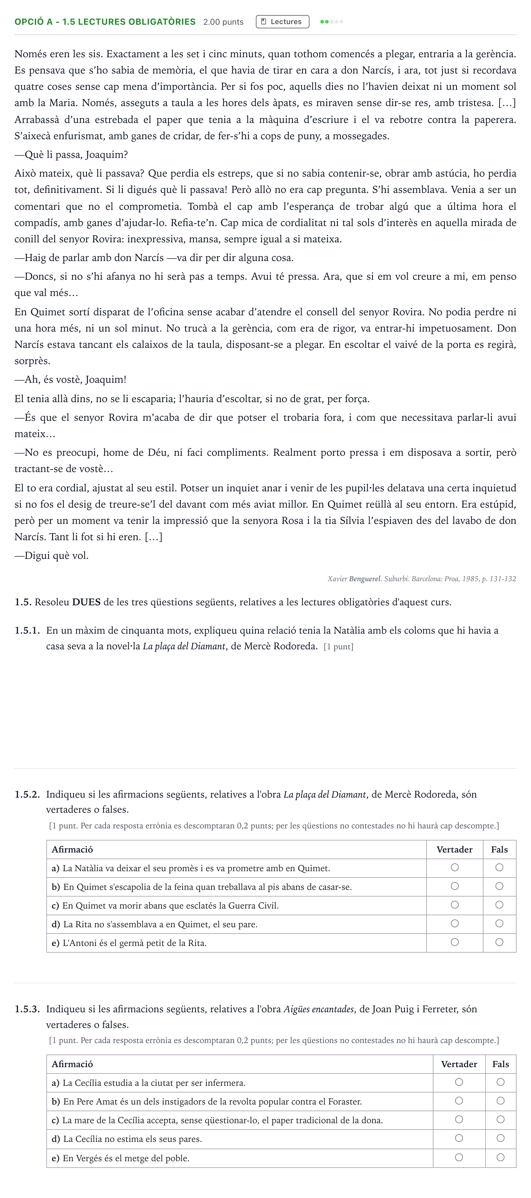 Enunciado: Ejercicio Opció A - 1.5 Lectures obligatòries · Lengua Catalana y Literatura II Selectividad Cataluña Setembre Serie 2 2023