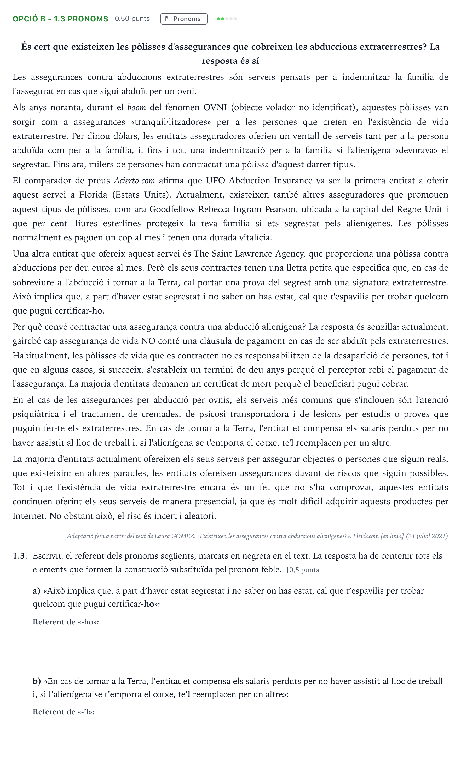 Enunciado: Ejercicio Opció B - 1.3 Pronoms · Lengua Catalana y Literatura II Selectividad Cataluña Setembre Serie 2 2023