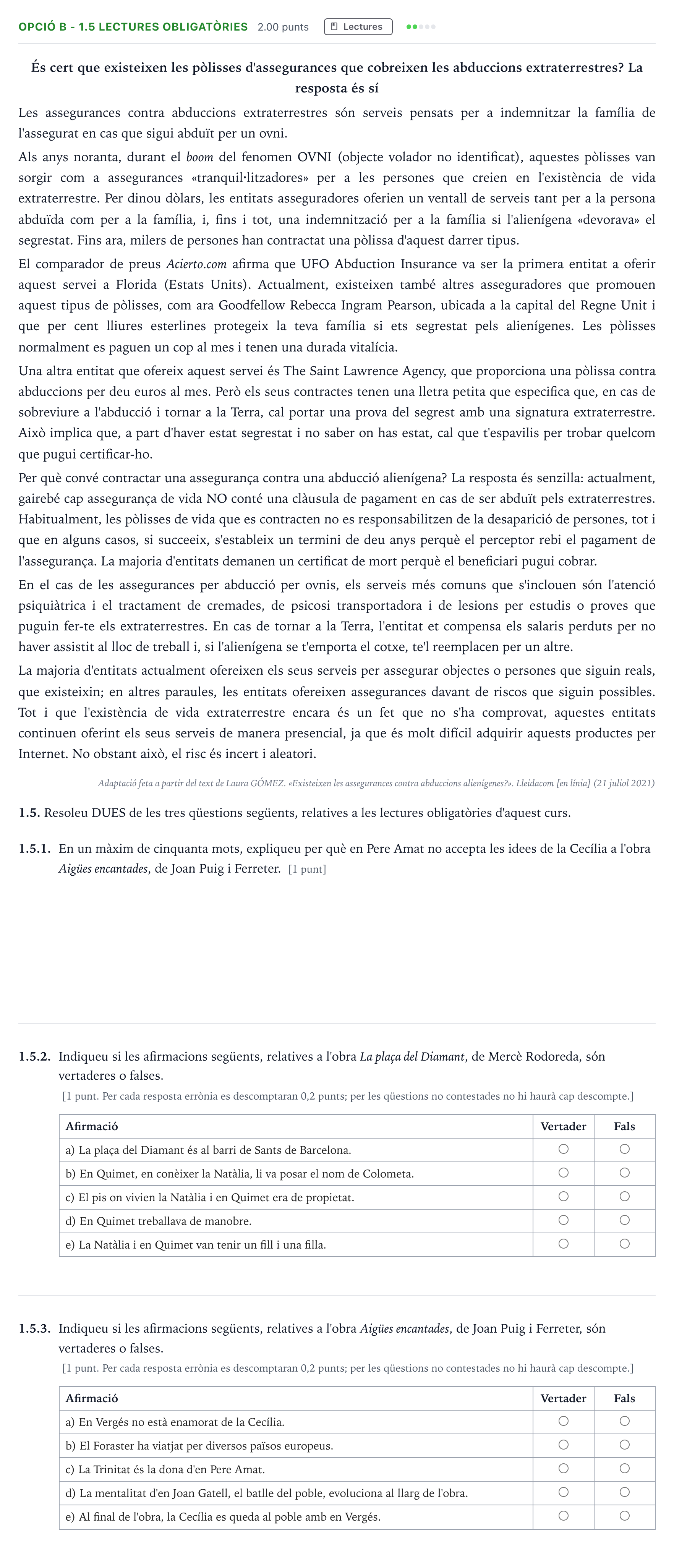 Enunciado: Ejercicio Opció B - 1.5 Lectures obligatòries · Lengua Catalana y Literatura II Selectividad Cataluña Setembre Serie 2 2023