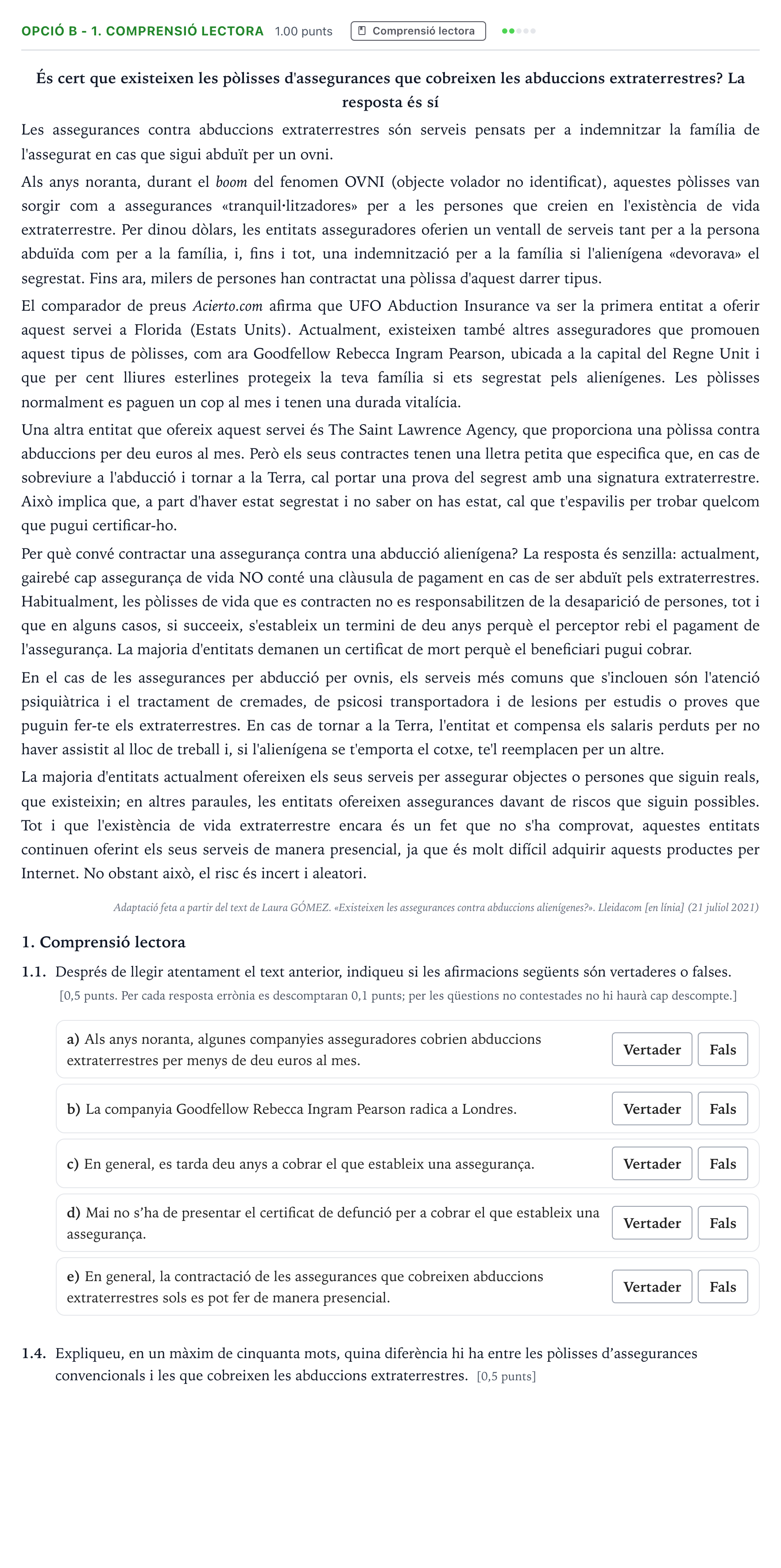 Enunciado: Ejercicio Opció B - 1. Comprensió lectora · Lengua Catalana y Literatura II Selectividad Cataluña Setembre Serie 2 2023