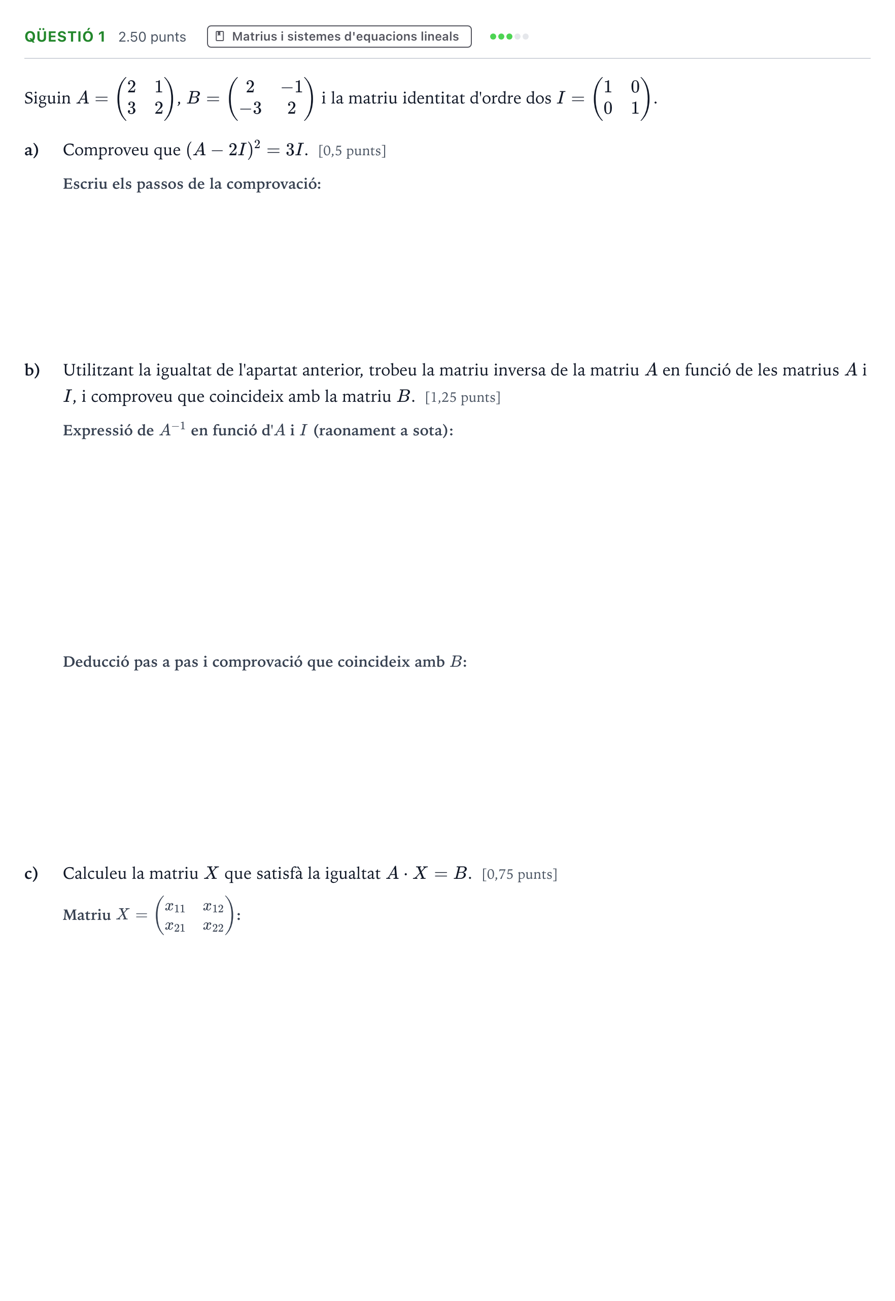Enunciado: Ejercicio Qüestió 1 · Matemáticas II Selectividad Cataluña Setembre Serie 2 2023