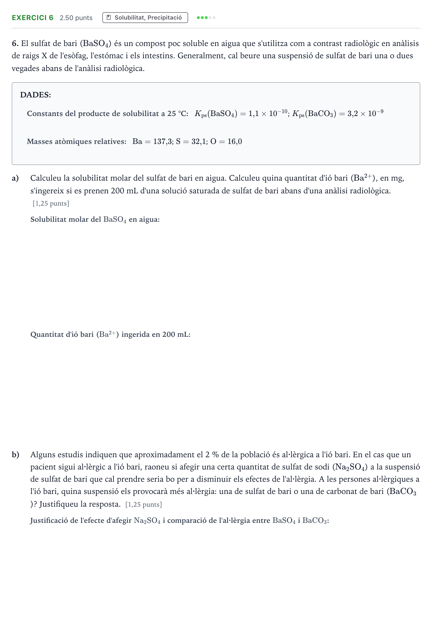 Enunciado: Problema 6 · Química Selectividad Cataluña Juny Serie 1 2023