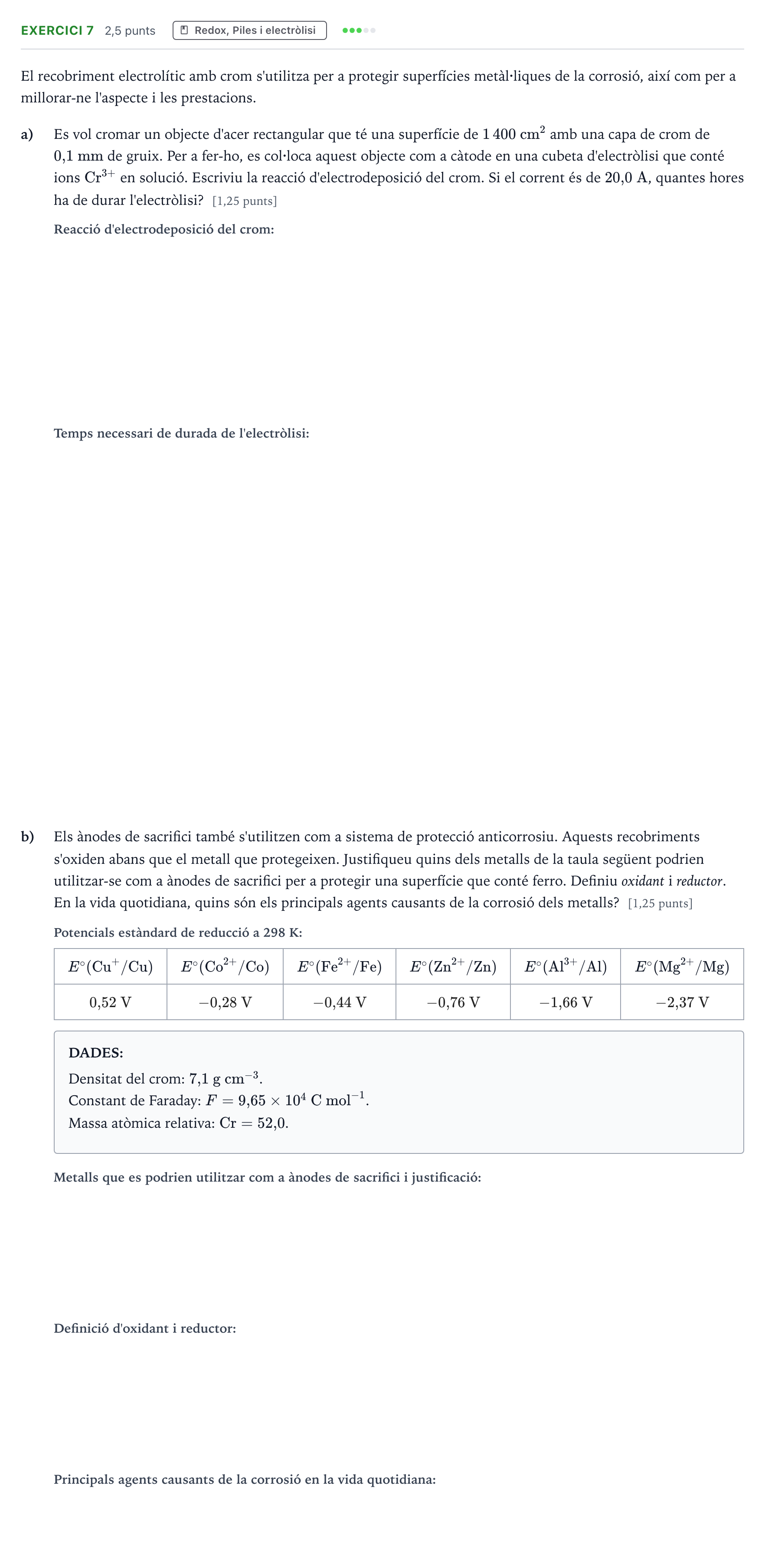 Enunciado: Problema 7 · Química Selectividad Cataluña Juny Serie 1 2023