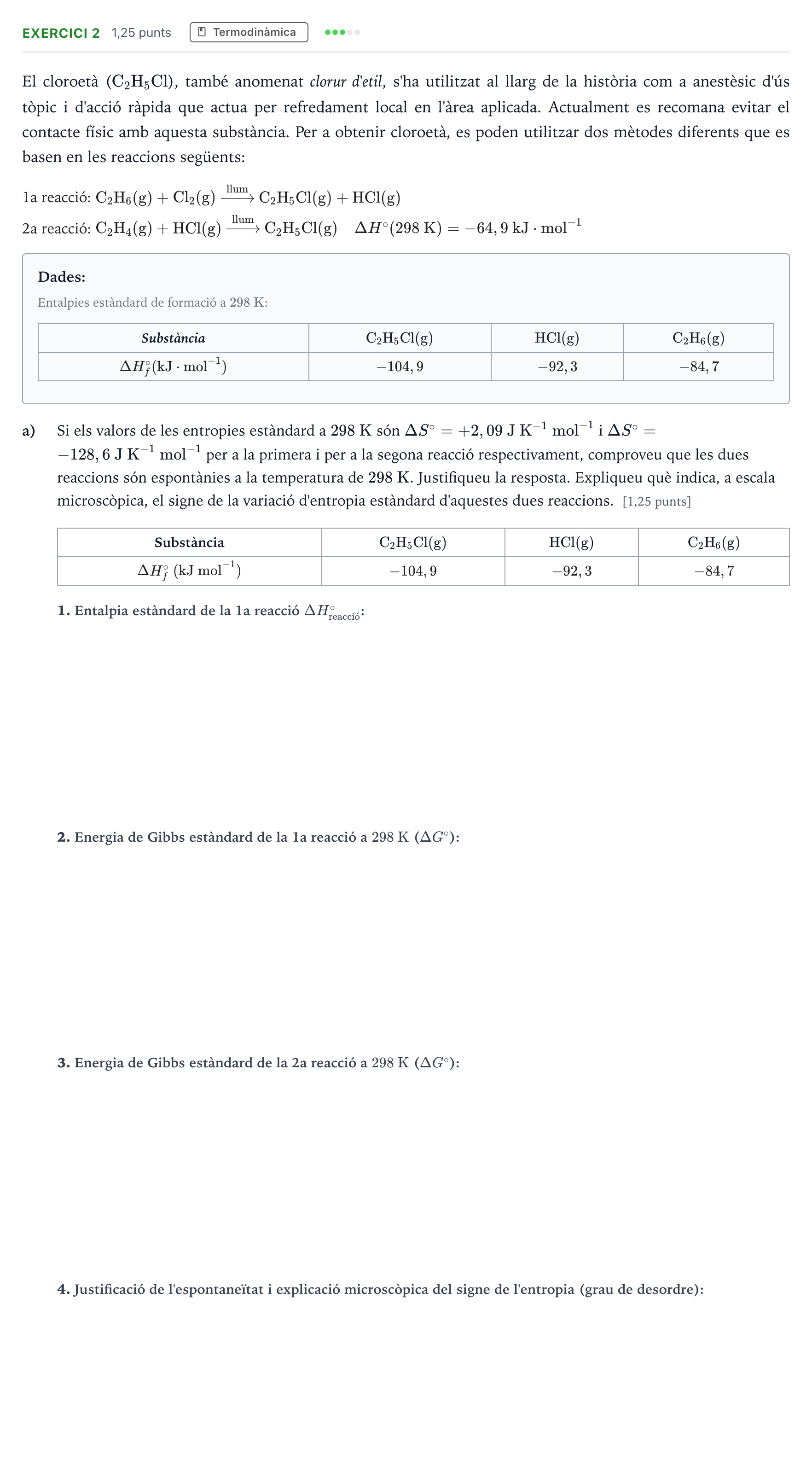 Enunciado: Ejercicio 2 - Termodinàmica · Química Selectividad Cataluña Setembre Serie 2 2023
