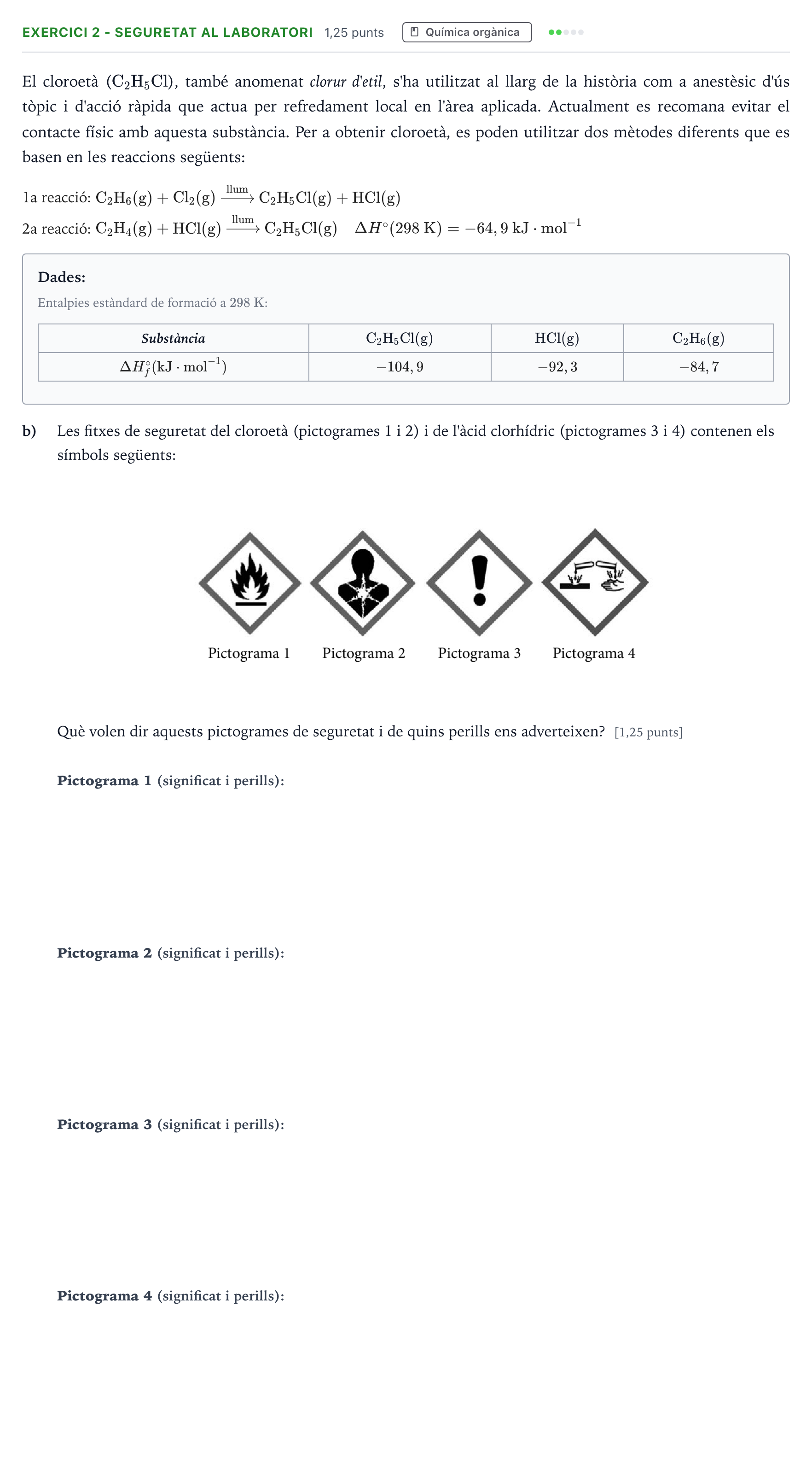 Enunciado: Ejercicio 2 - Seguretat al laboratori · Química Selectividad Cataluña Setembre Serie 2 2023
