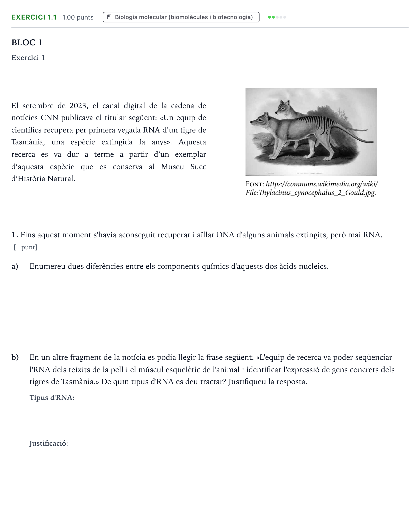 Enunciado: Ejercicio 1.1 - Biologia molecular · Biología Selectividad Cataluña Juny Serie 1 2024