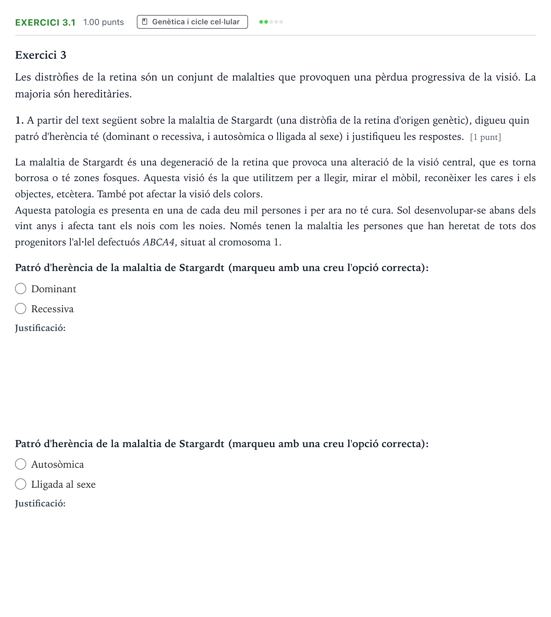 Enunciado: Ejercicio 3.1 - Genètica · Biología Selectividad Cataluña Juny Serie 1 2024