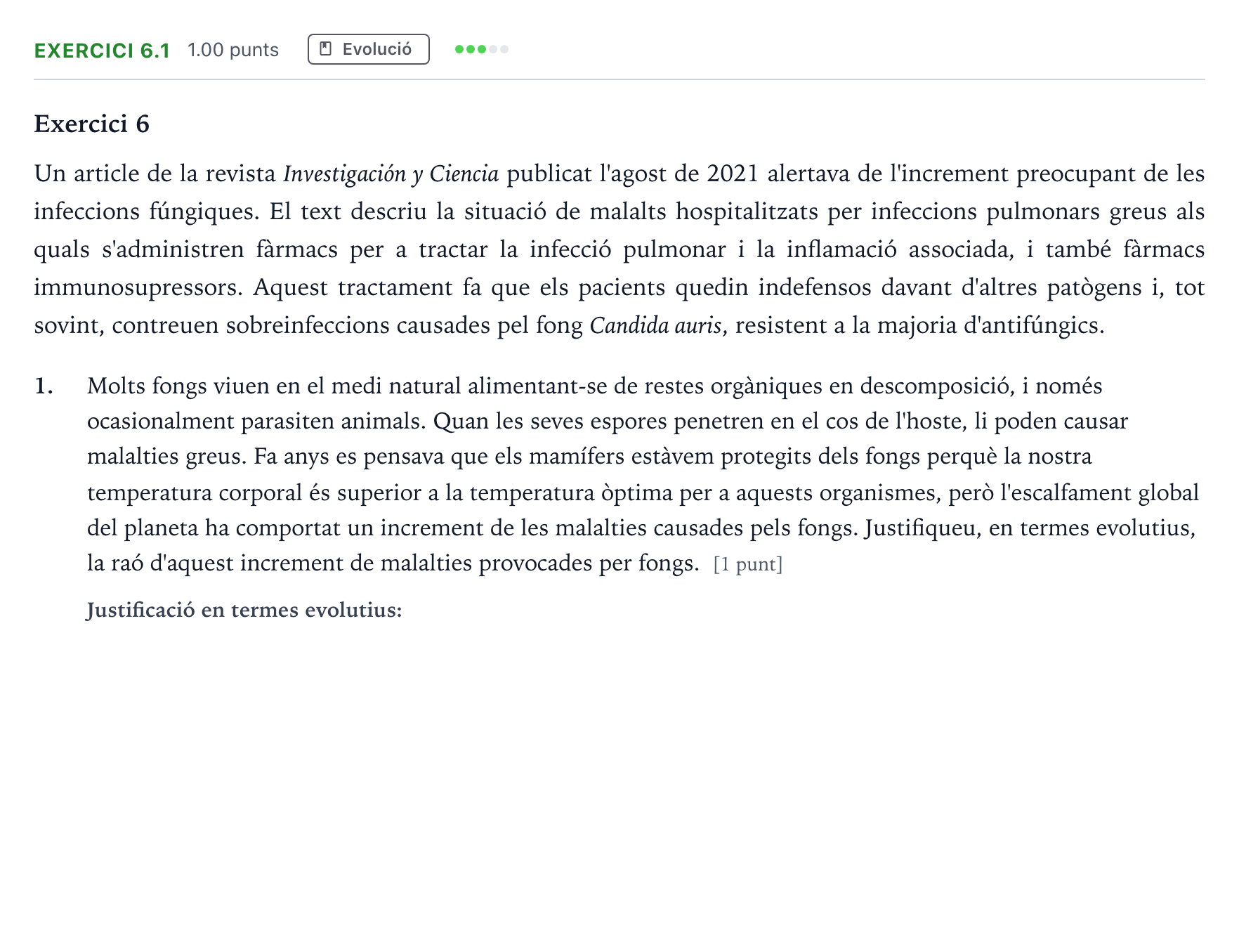 Enunciado: Ejercicio 6.1 - Evolució · Biología Selectividad Cataluña Juny Serie 1 2024