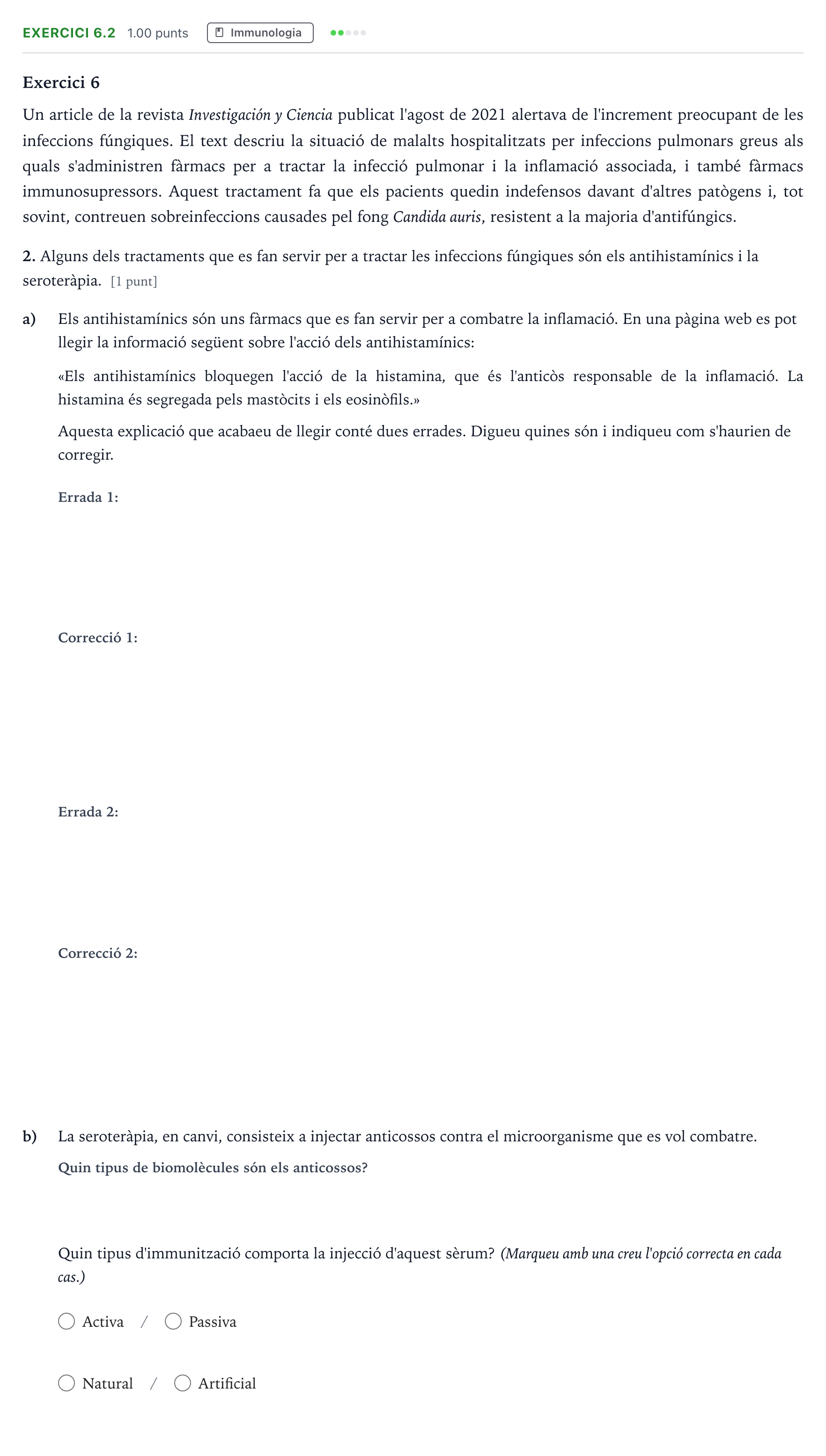 Enunciado: Ejercicio 6.2 - Immunologia · Biología Selectividad Cataluña Juny Serie 1 2024