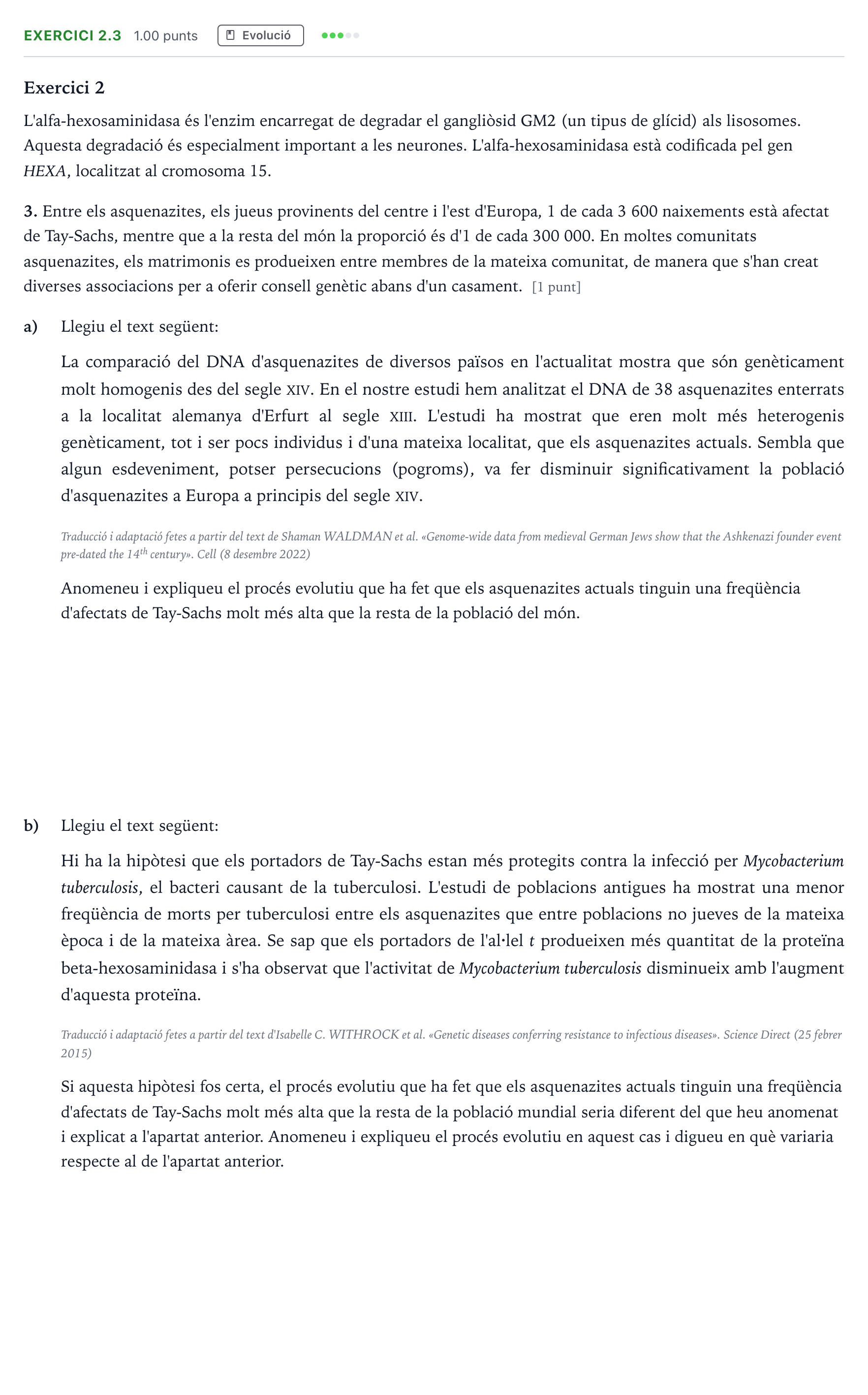 Enunciado: Exercici 2.3 - Evolució · Biología Selectividad Cataluña Setembre Serie 3 2024
