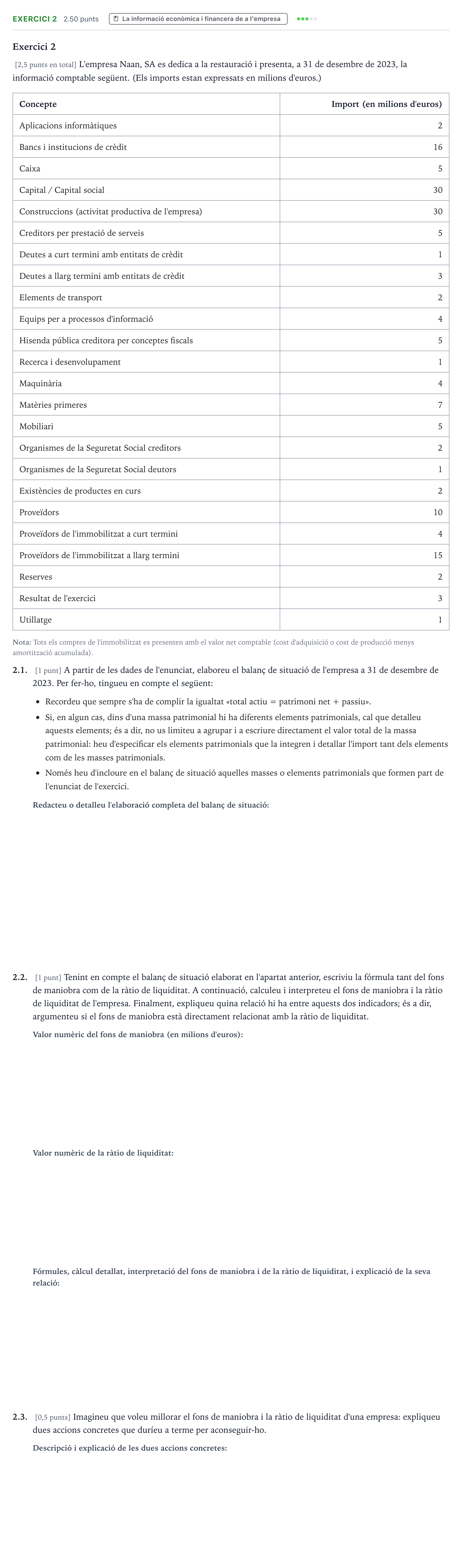 Enunciado: Exercici 2 · Economía de la Empresa Selectividad Cataluña Juny Serie 1 2024
