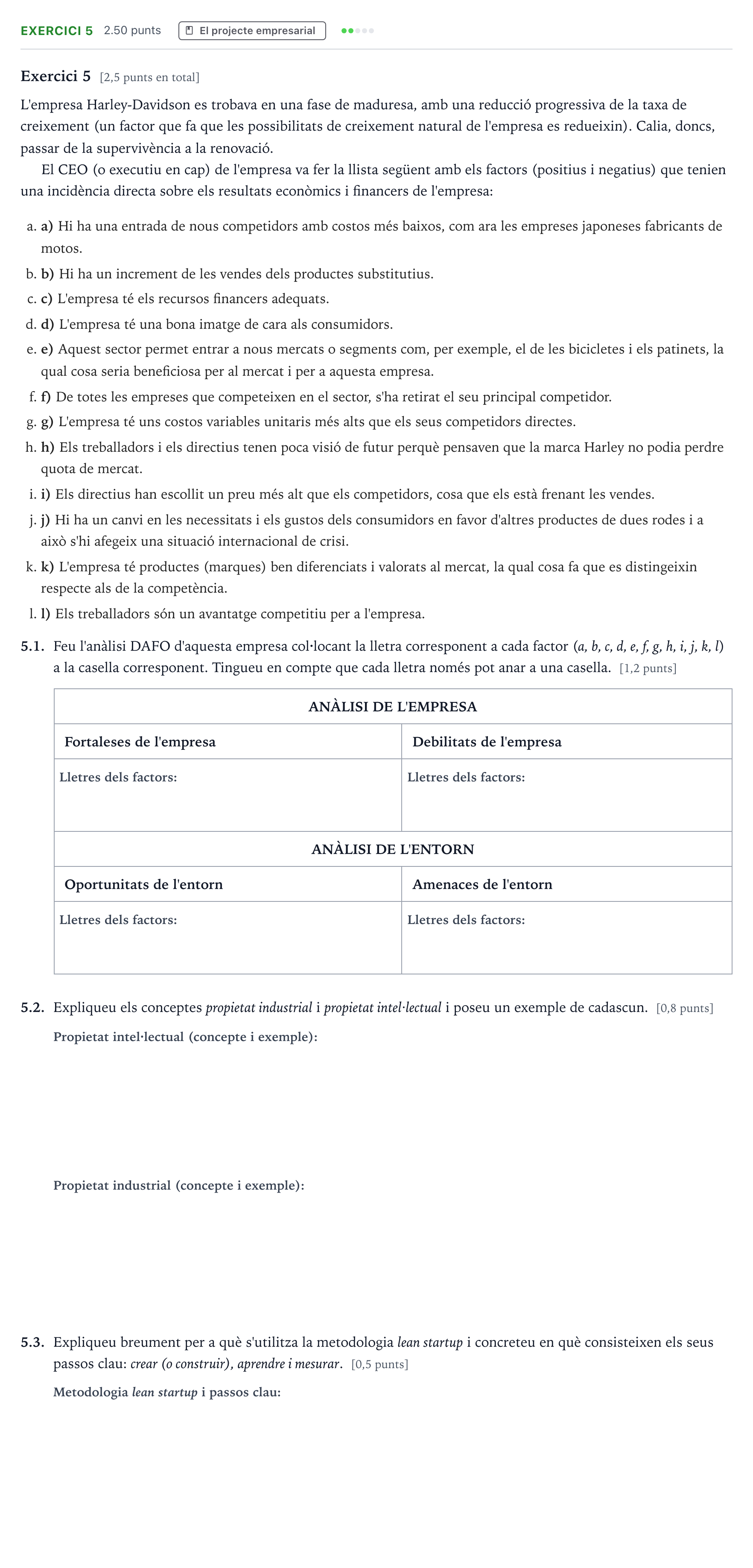 Enunciado: Exercici 5 · Economía de la Empresa Selectividad Cataluña Juny Serie 1 2024