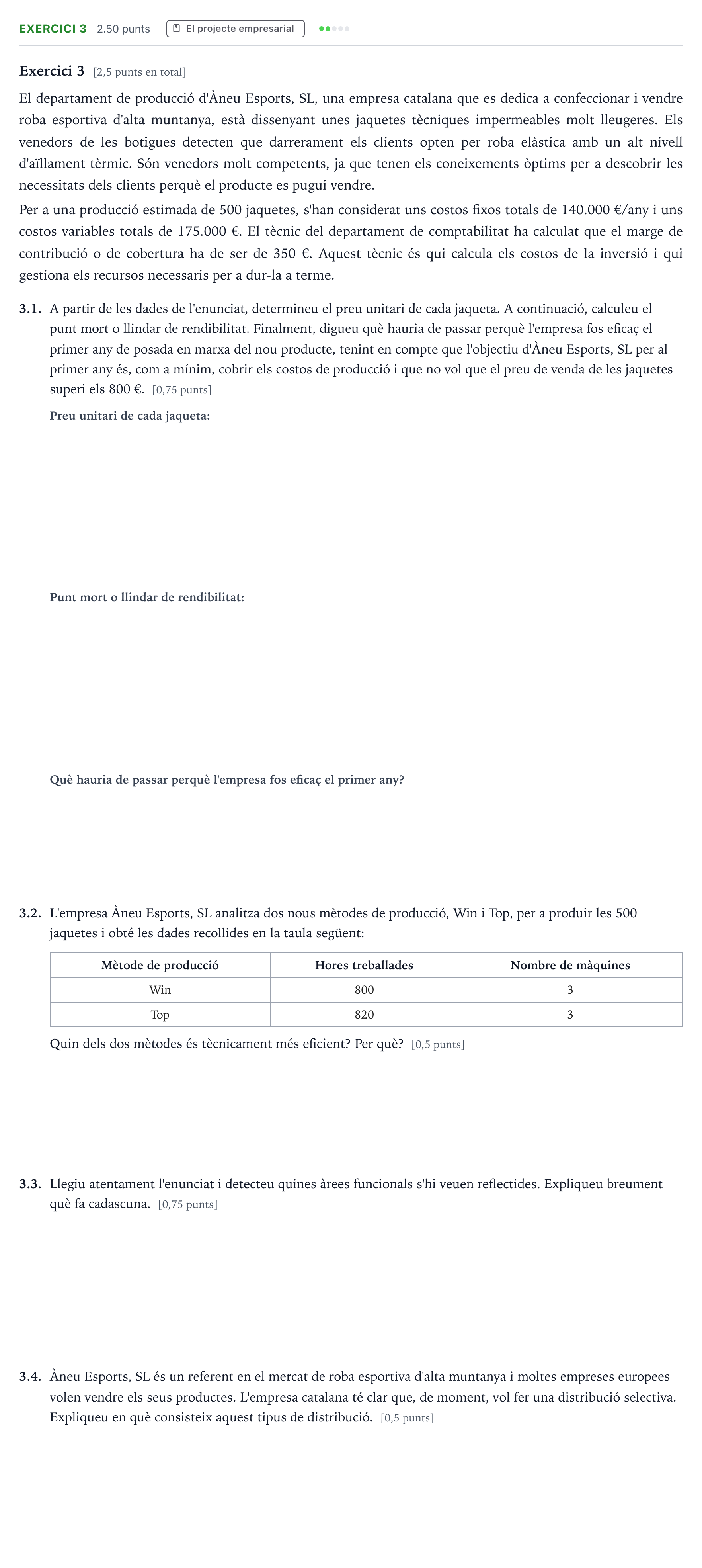 Enunciado: Exercici 3 · Economía de la Empresa Selectividad Cataluña Juny Serie 5 2024