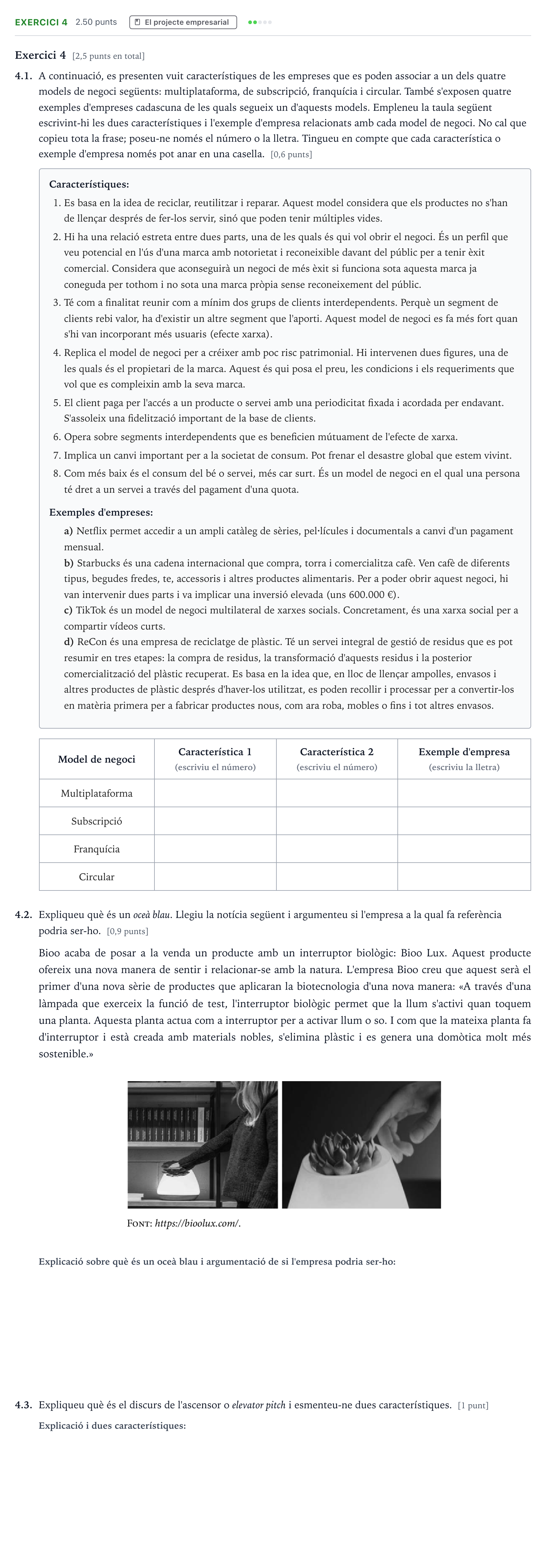 Enunciado: Exercici 4 · Economía de la Empresa Selectividad Cataluña Juny Serie 5 2024