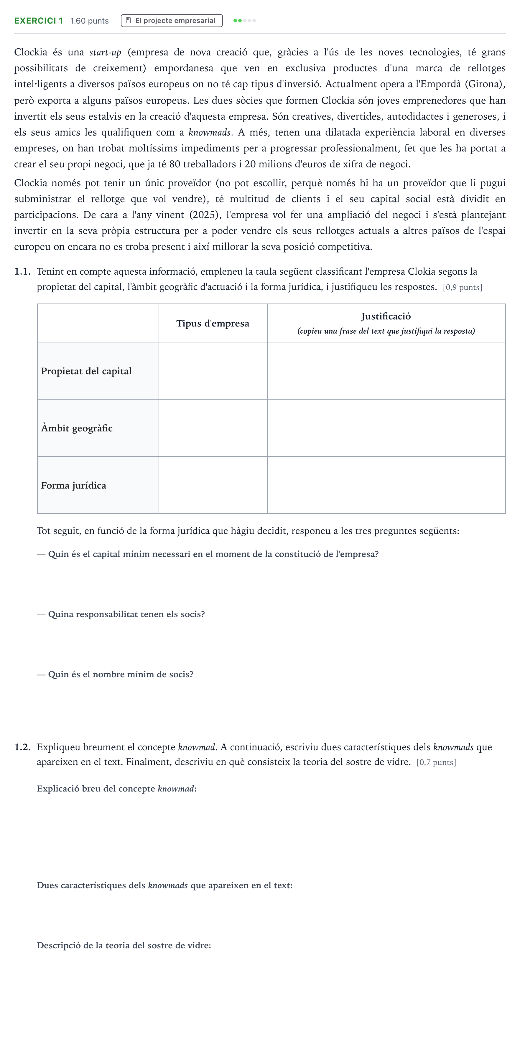 Enunciado: Ejercicio 1 - El projecte empresarial · Economía de la Empresa Selectividad Cataluña Setembre Serie 3 2024