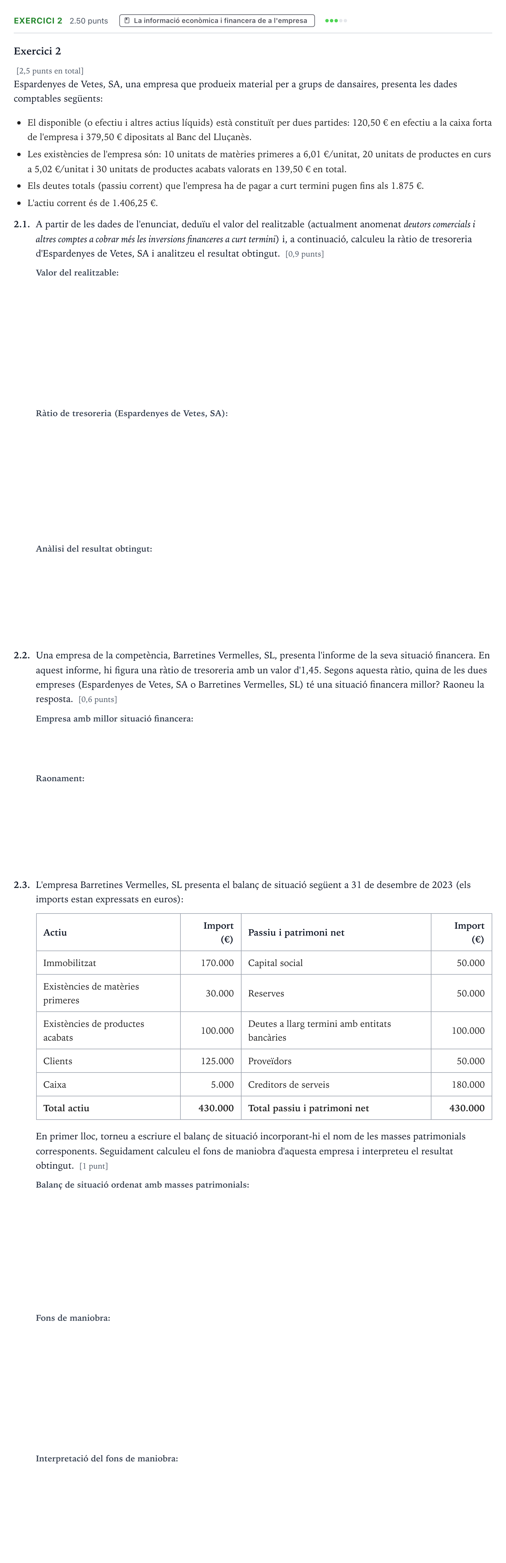 Enunciado: Exercici 2 · Economía de la Empresa Selectividad Cataluña Setembre Serie 3 2024