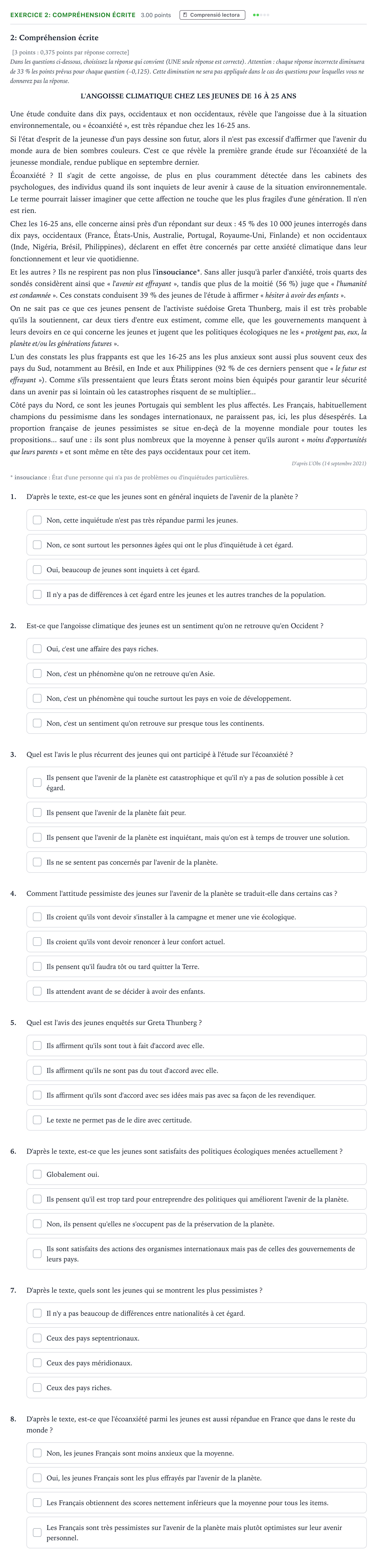 Enunciado: Ejercicio 2: Compréhension écrite · Francés Selectividad Cataluña Juny Serie 5 2024