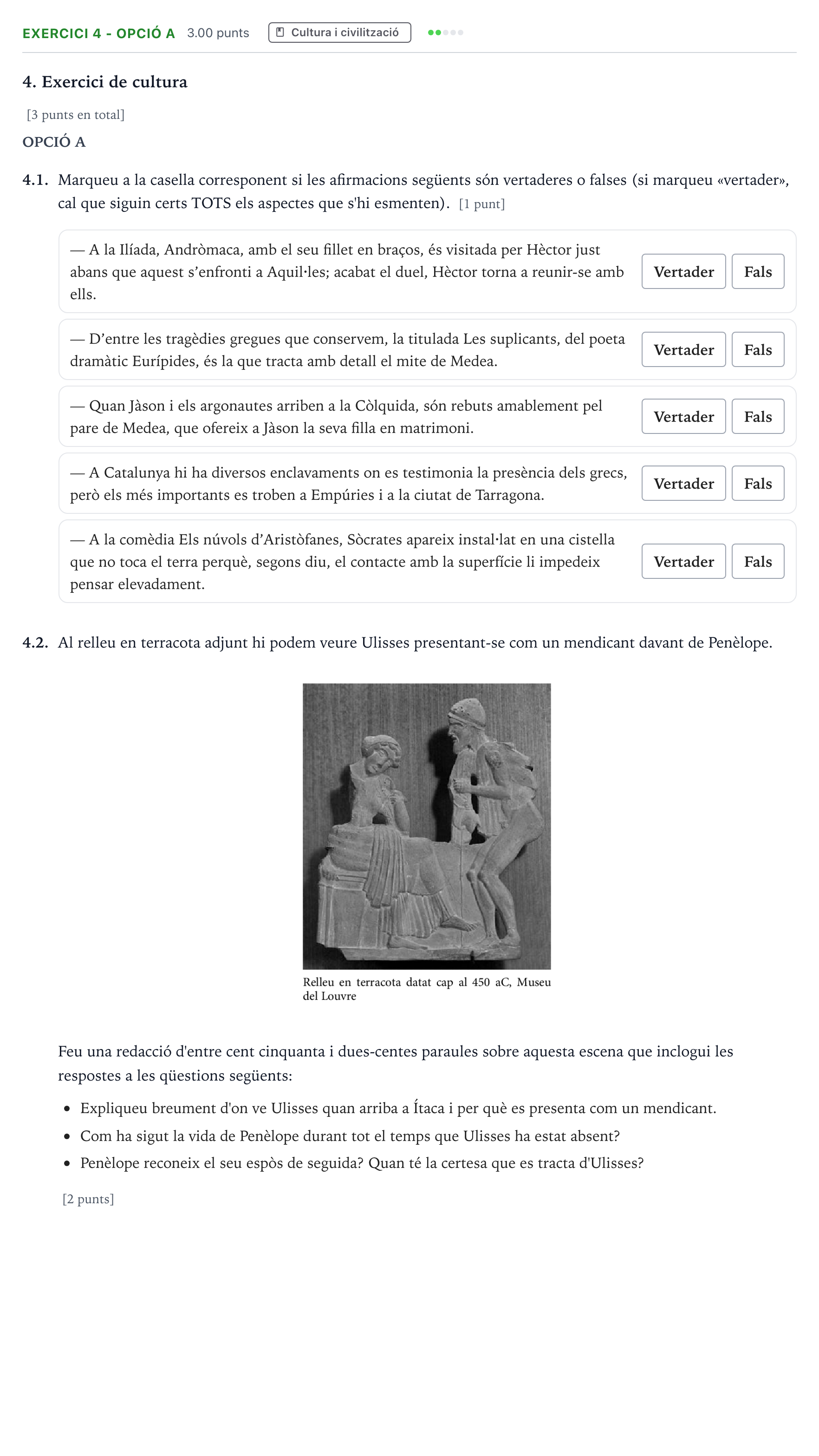Enunciado: Ejercicio 4 - Opció A · Griego II Selectividad Cataluña Juny Serie 1 2024