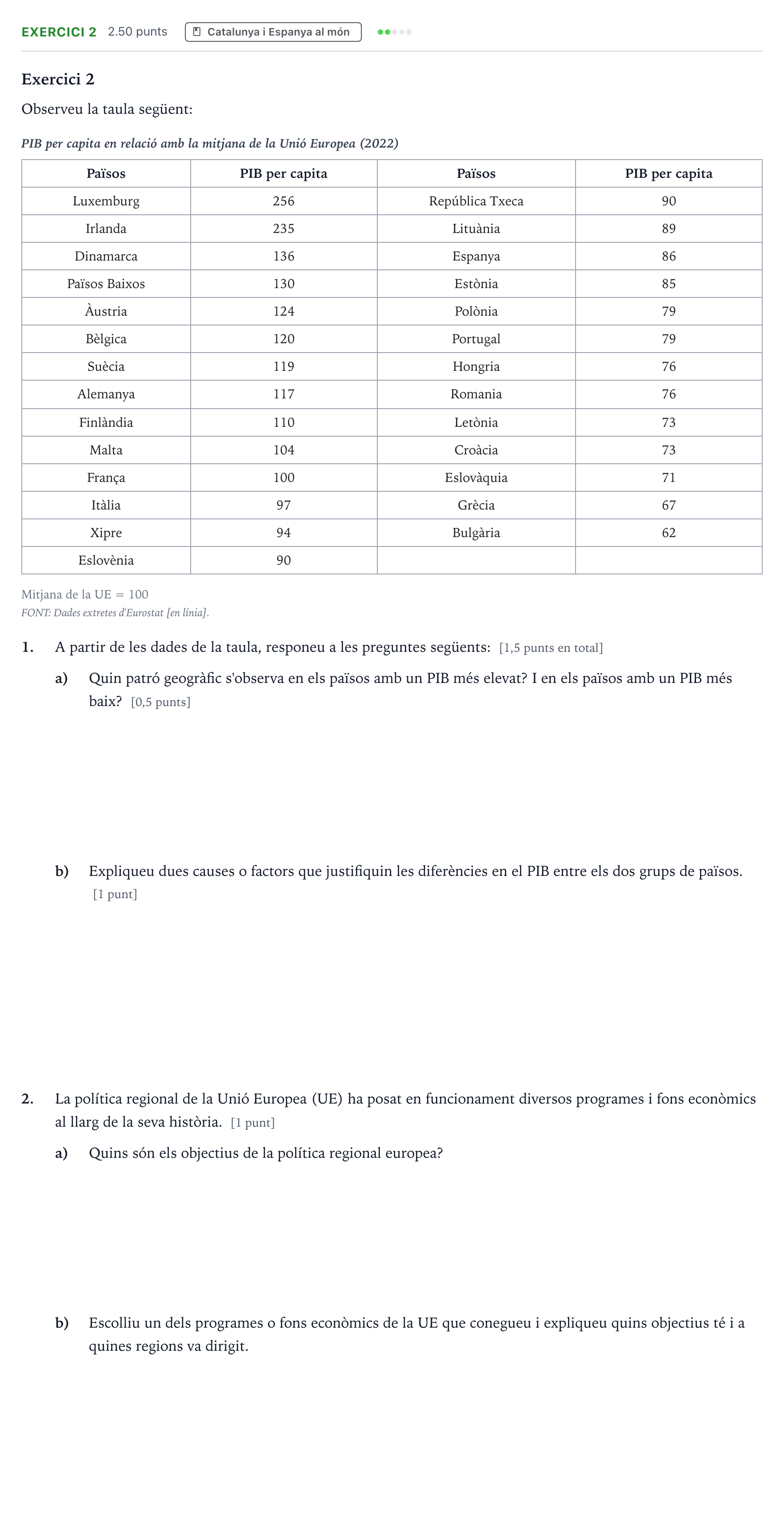 Enunciado: Exercici 2 · Geografía Selectividad Cataluña Setembre Serie 3 2024