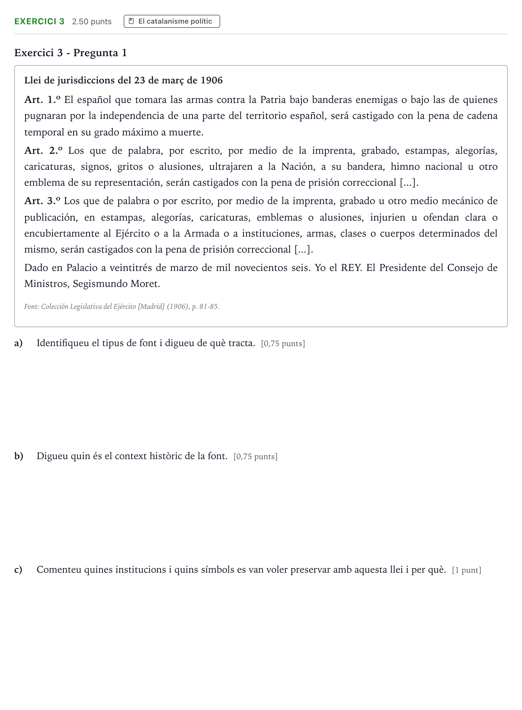 Enunciado: Exercici 3 · Historia de España Selectividad Cataluña Juny Serie 1 2024