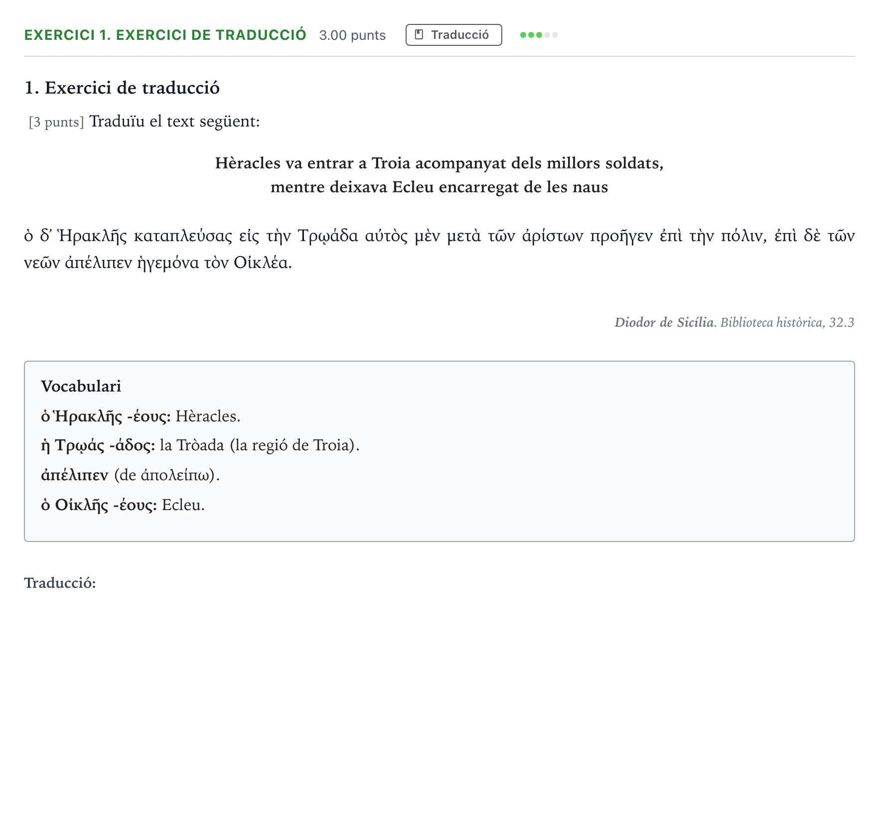 Enunciado: Ejercicio 1. Exercici de traducció · Griego II Selectividad Cataluña Setembre Serie 3 2024