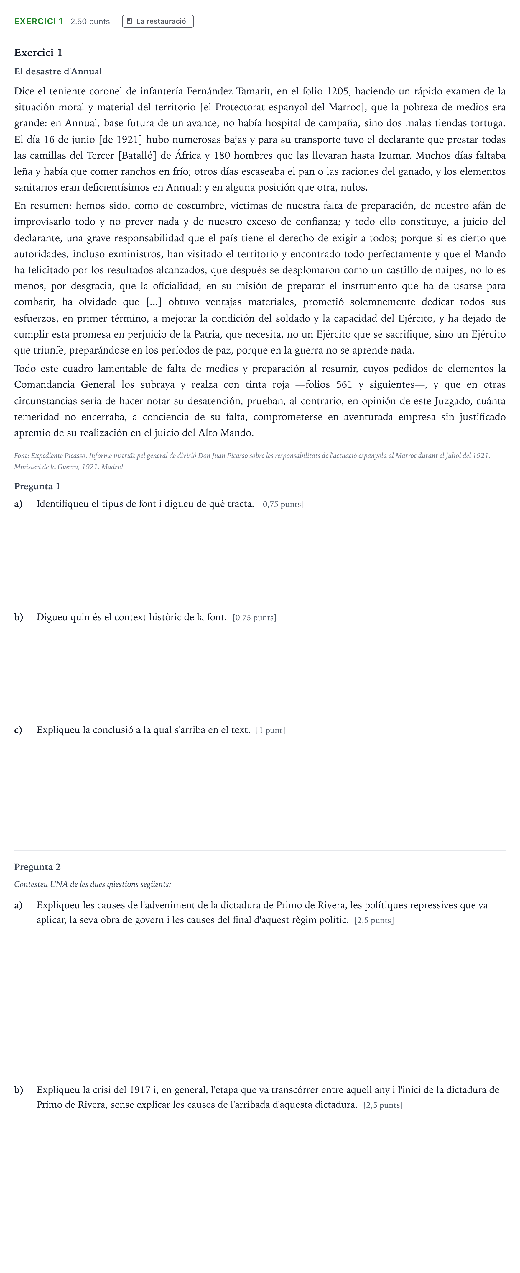 Enunciado: Exercici 1 · Historia de España Selectividad Cataluña Juny Serie 5 2024