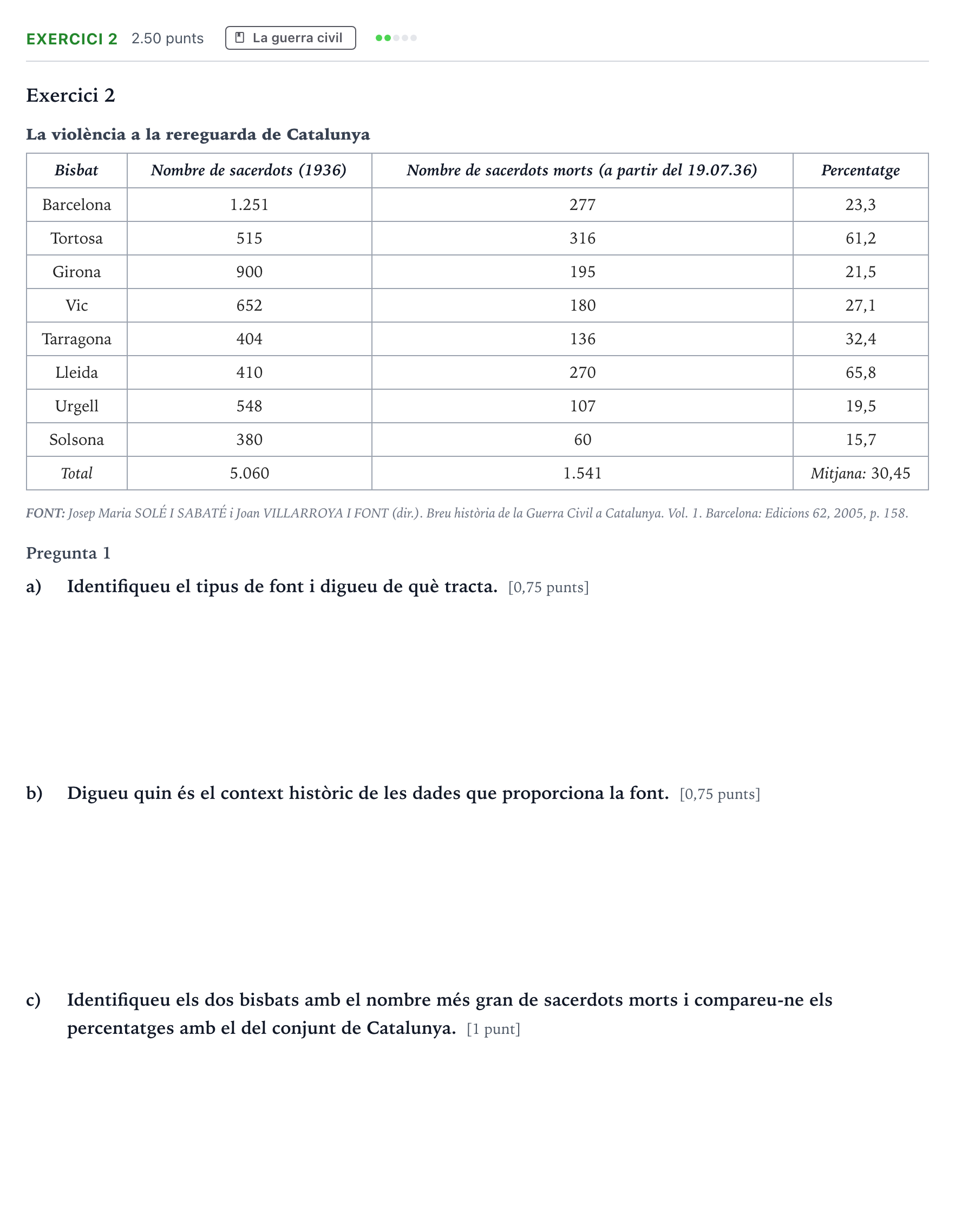 Enunciado: Exercici 2 · Historia de España Selectividad Cataluña Juny Serie 5 2024
