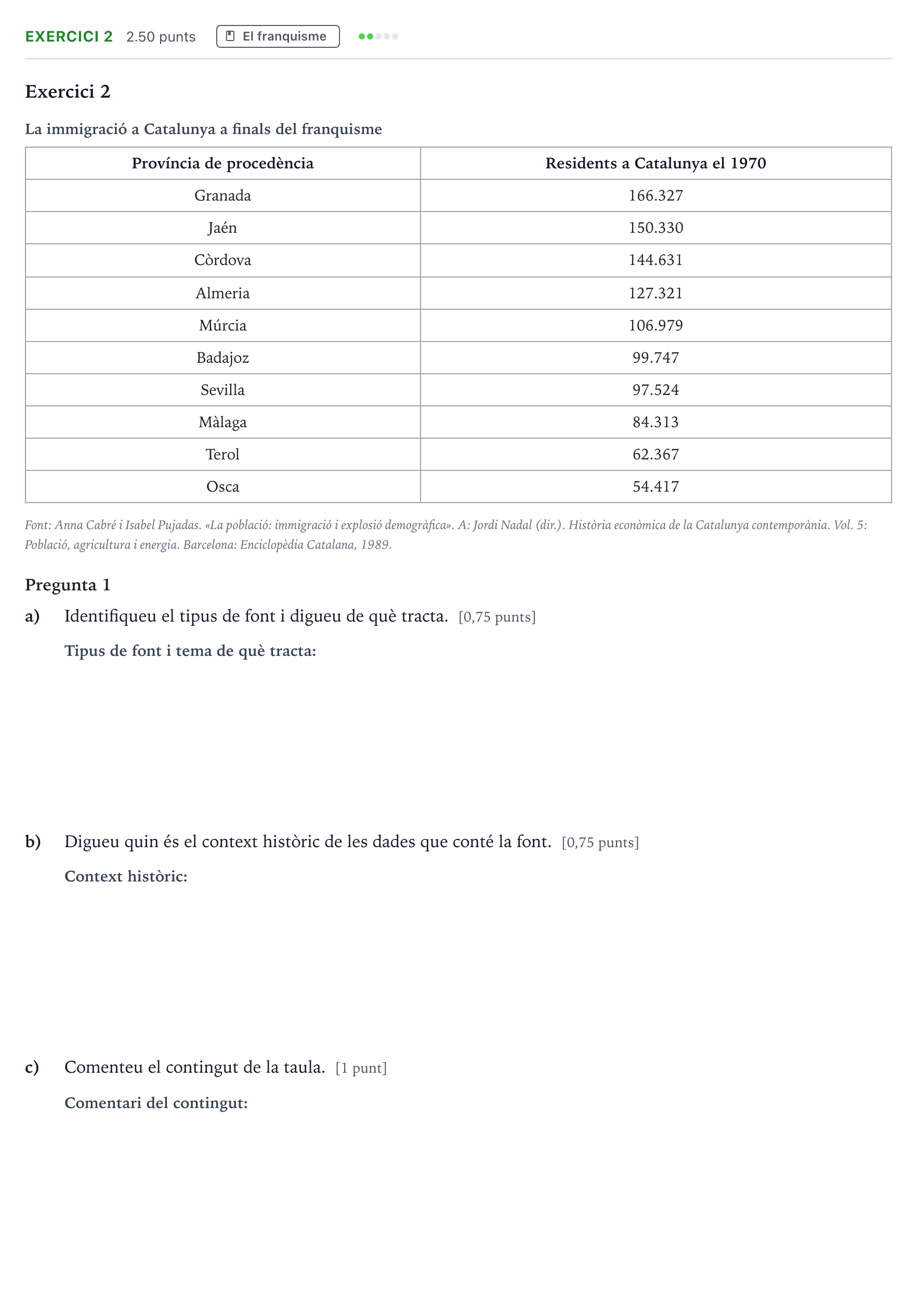Enunciado: Exercici 2 · Historia de España Selectividad Cataluña Setembre Serie 3 2024