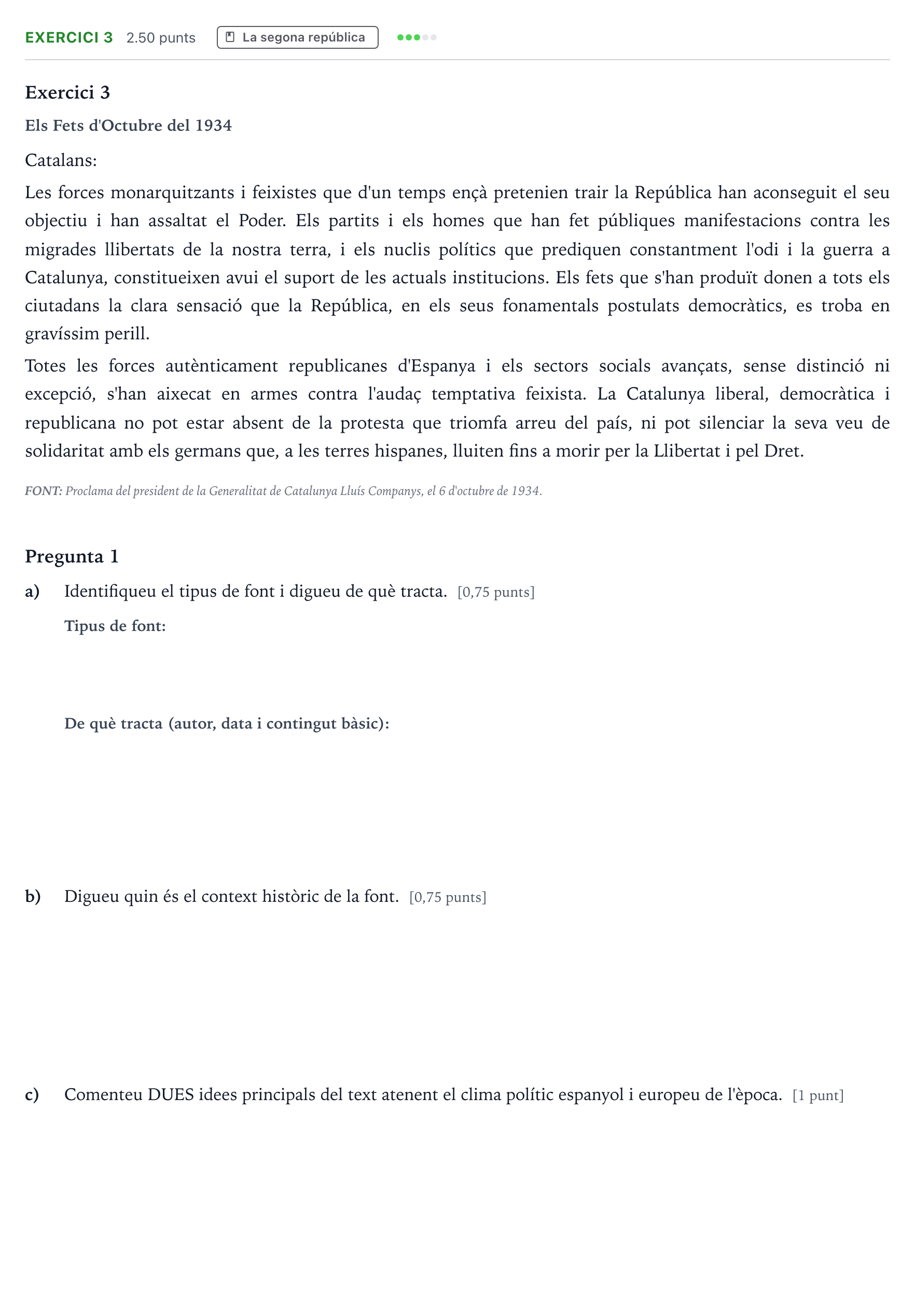 Enunciado: Exercici 3 · Historia de España Selectividad Cataluña Setembre Serie 3 2024