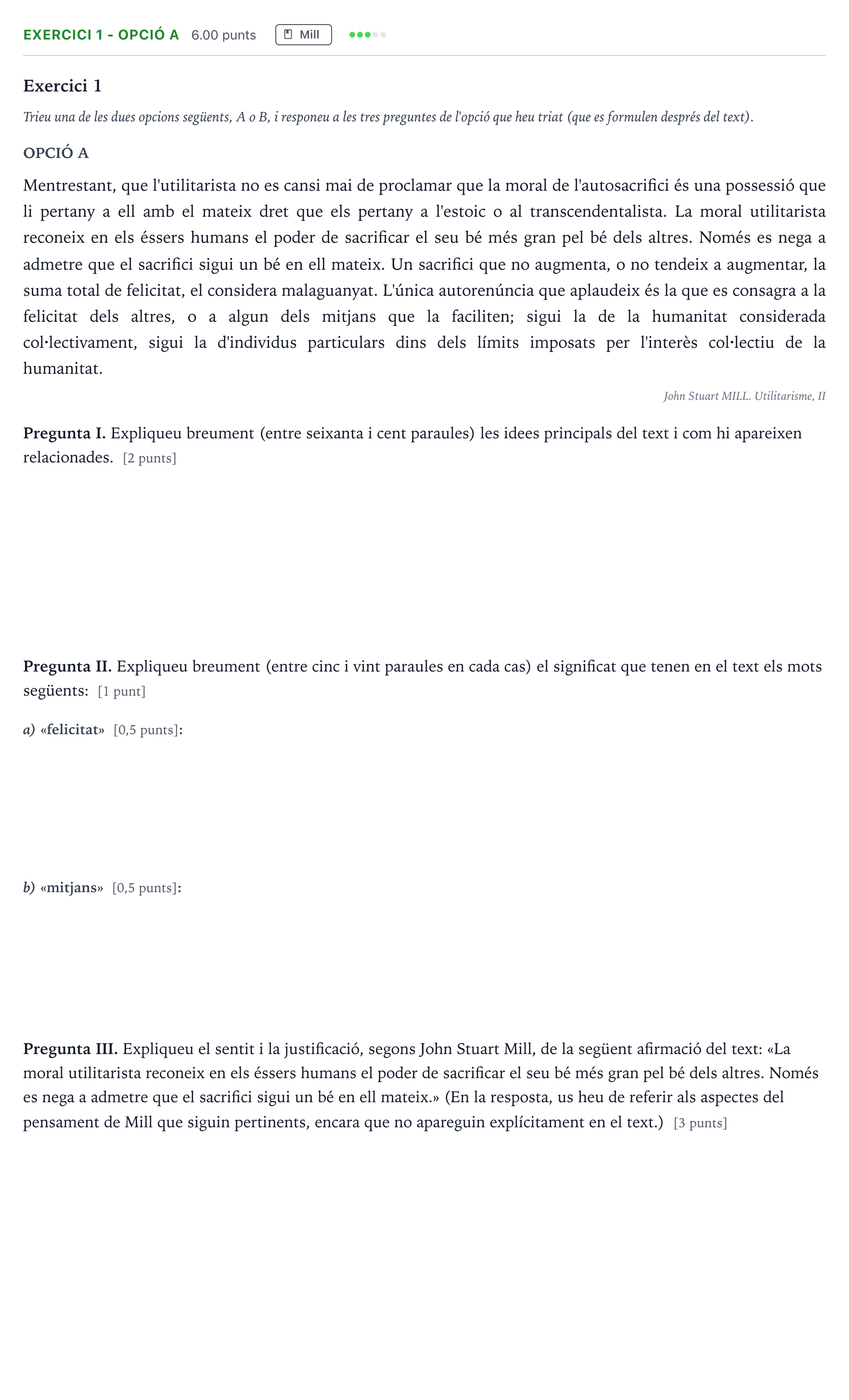 Enunciado: Exercici 1 - Opció A · Historia de la Filosofía Selectividad Cataluña Juny Serie 5 2024