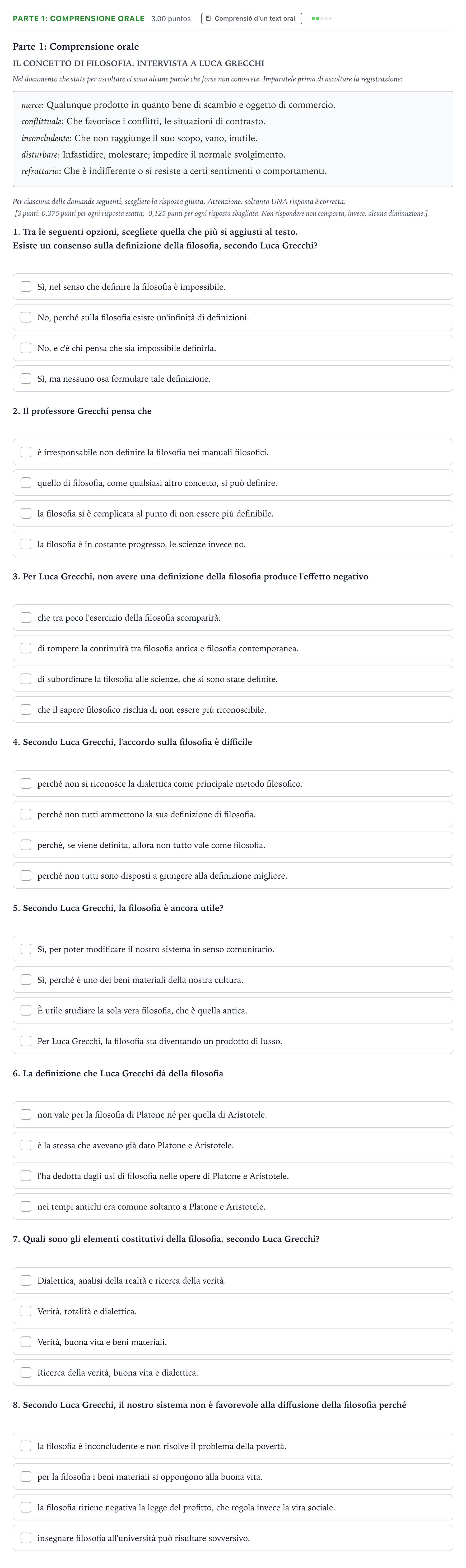 Enunciado: Ejercicio Parte 1: Comprensione orale · Italiano Selectividad Cataluña Setembre Serie 3 2024