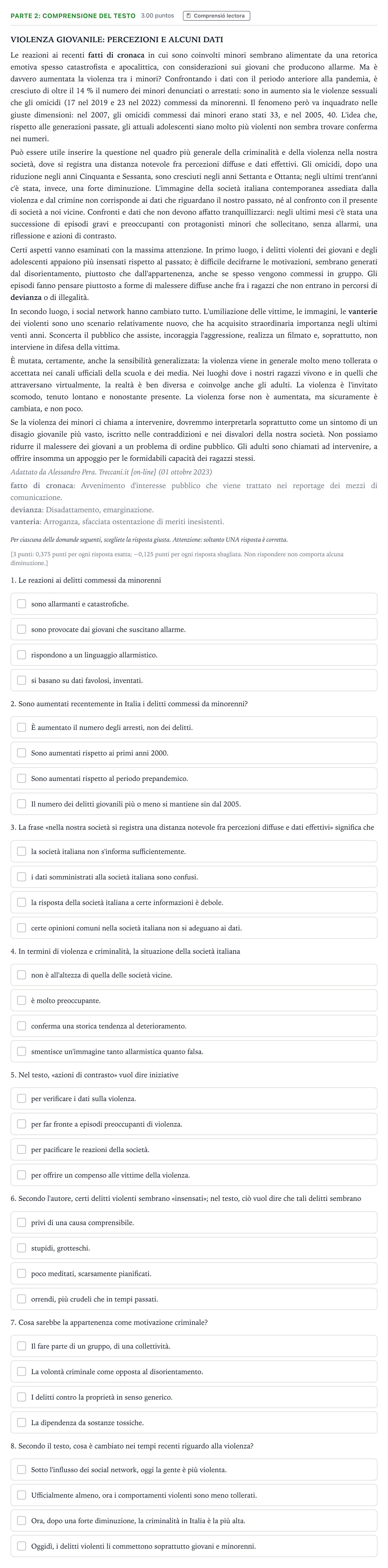 Enunciado: Ejercicio Parte 2: Comprensione del testo · Italiano Selectividad Cataluña Setembre Serie 3 2024