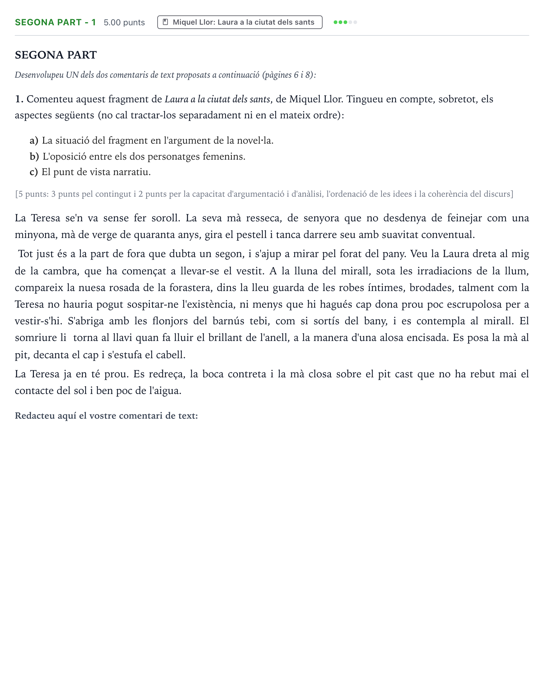 Enunciado: Ejercicio Segona part - 1 · Literatura Catalana Selectividad Cataluña Juny Serie 1 2024